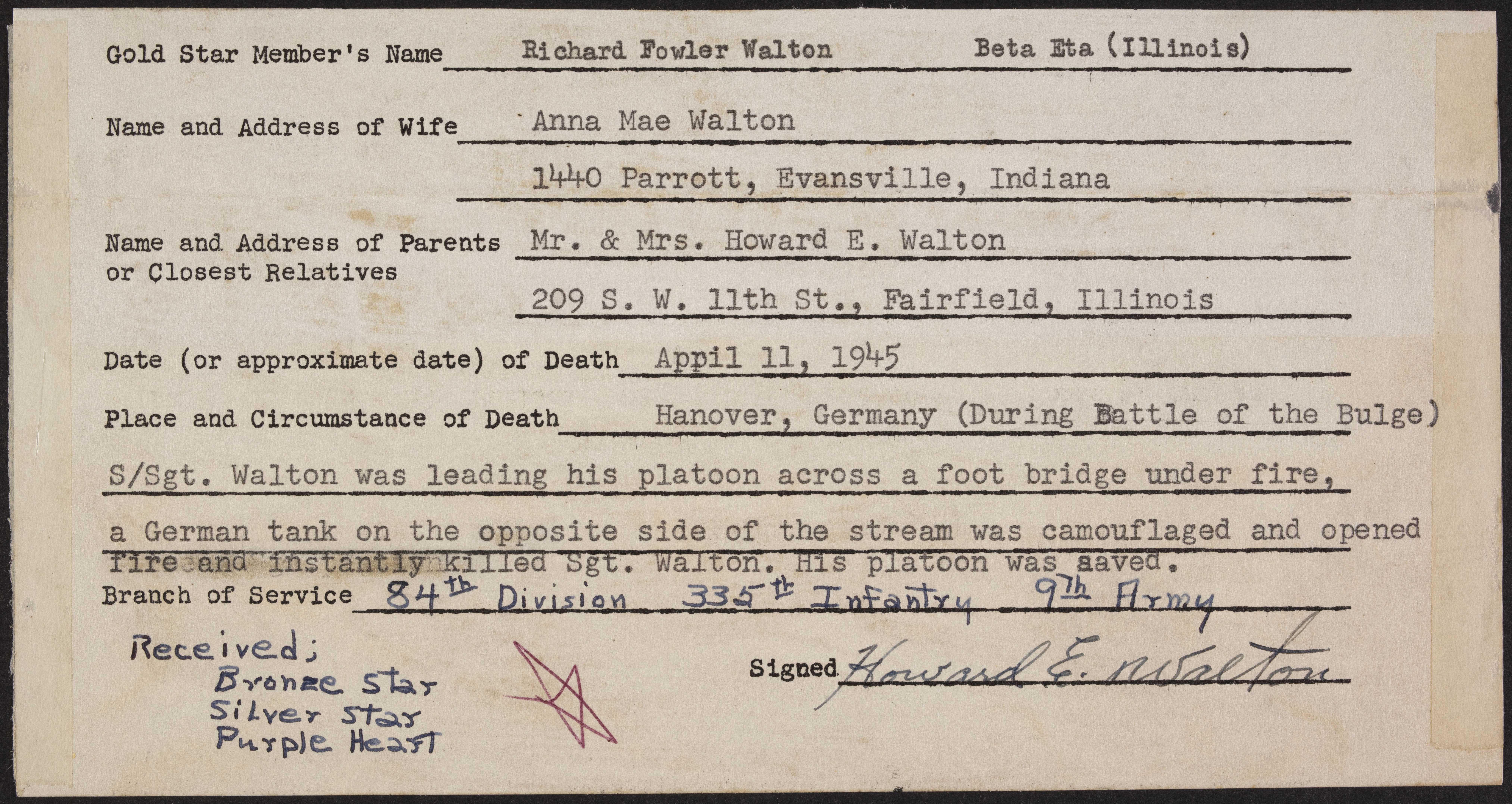 Richard Fowler Walton War Record Form