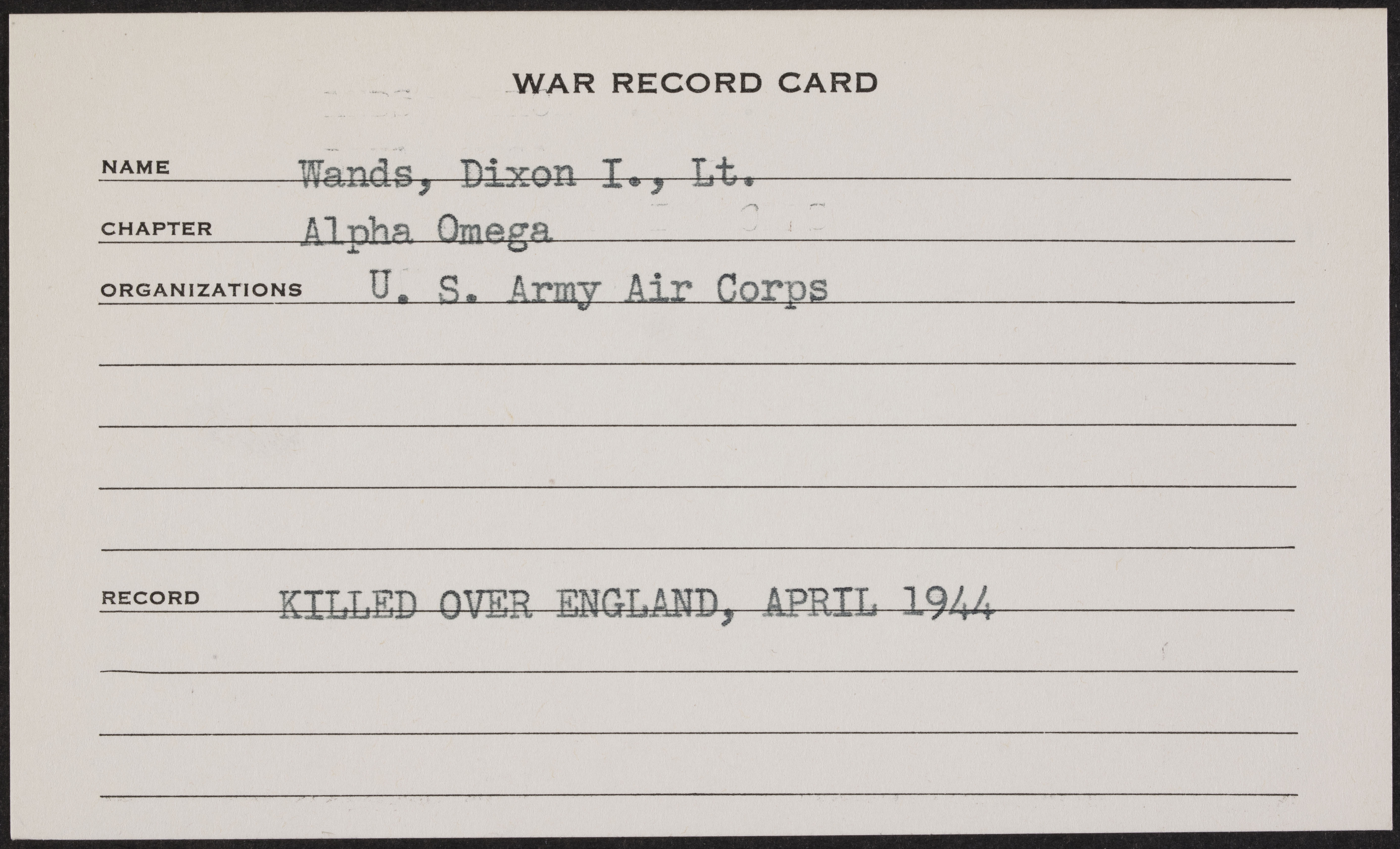 Dixson Irving Wands War Record Card