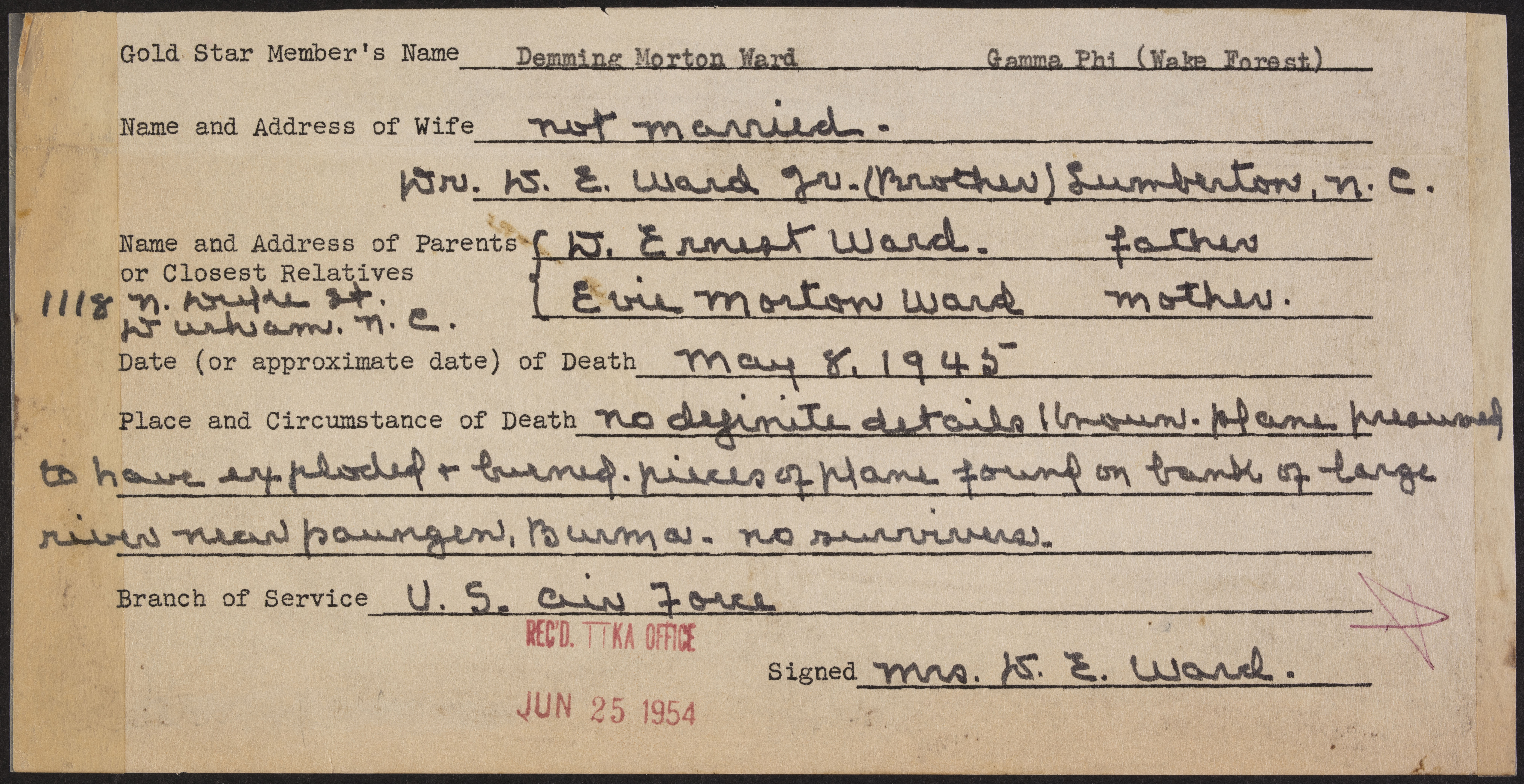 Demming Morton Ward War Record Form, June 25, 1954