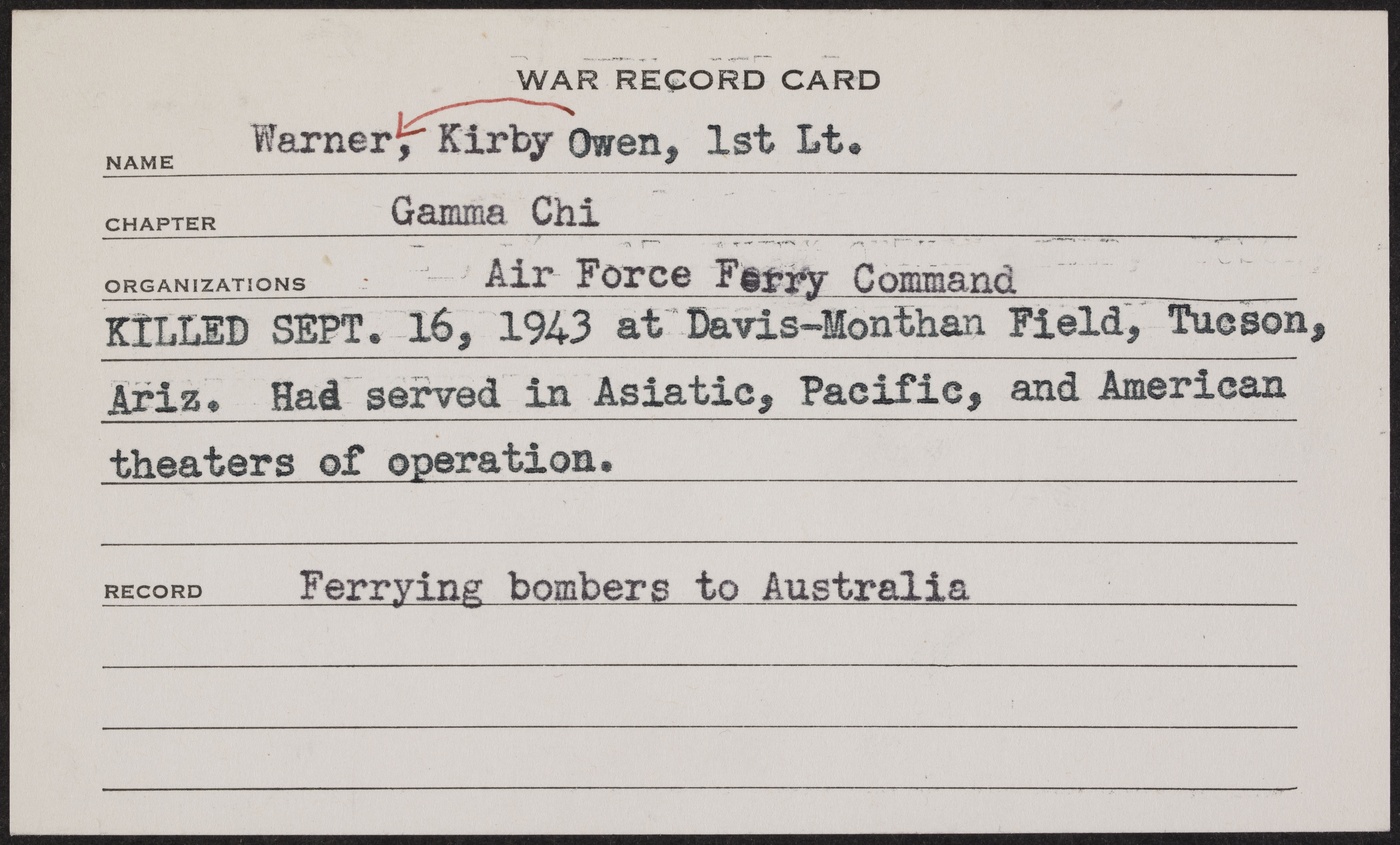 Owen Kirby Warner War Record Card