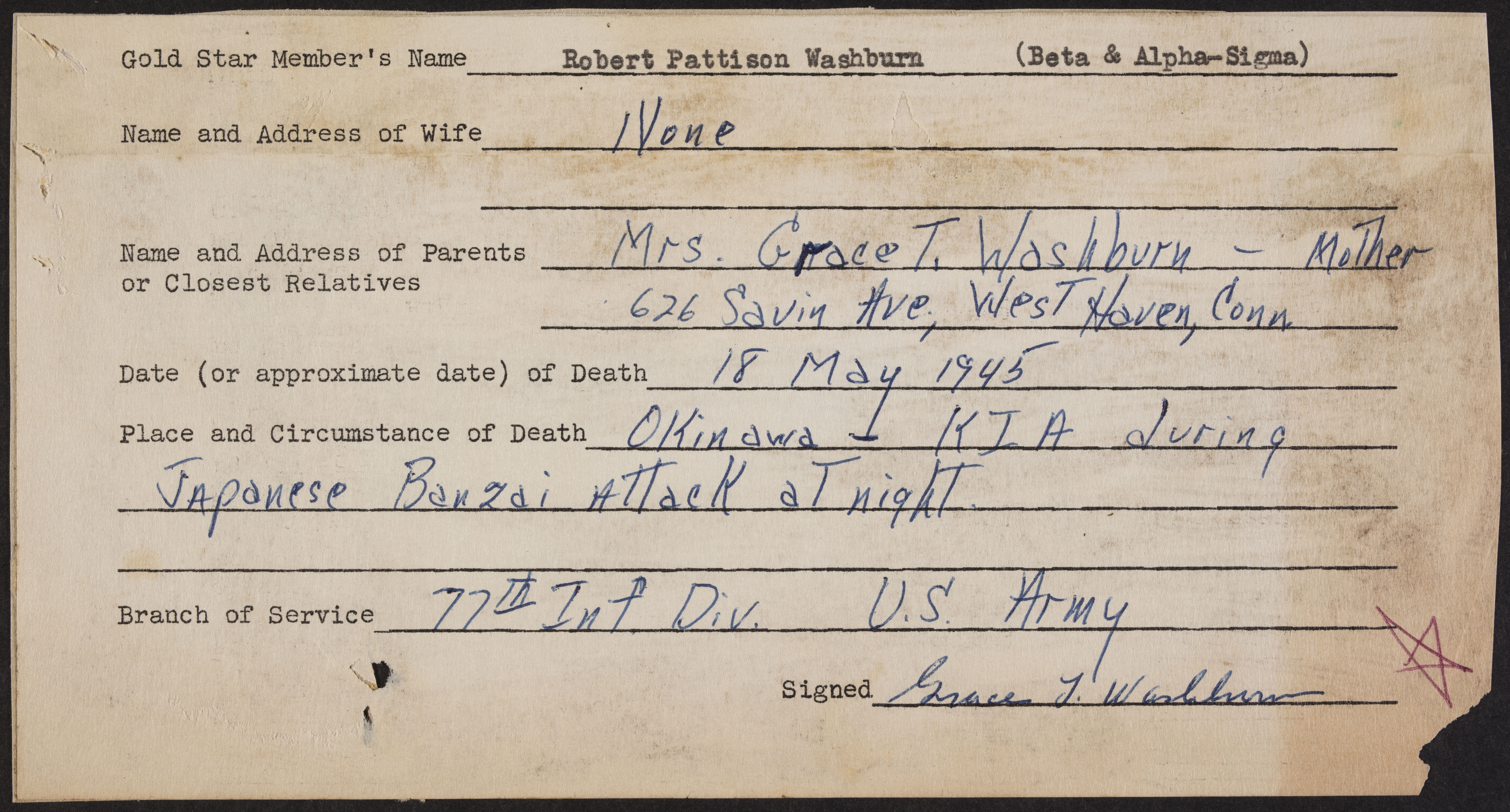 Robert Pattison Washburn War Record Form