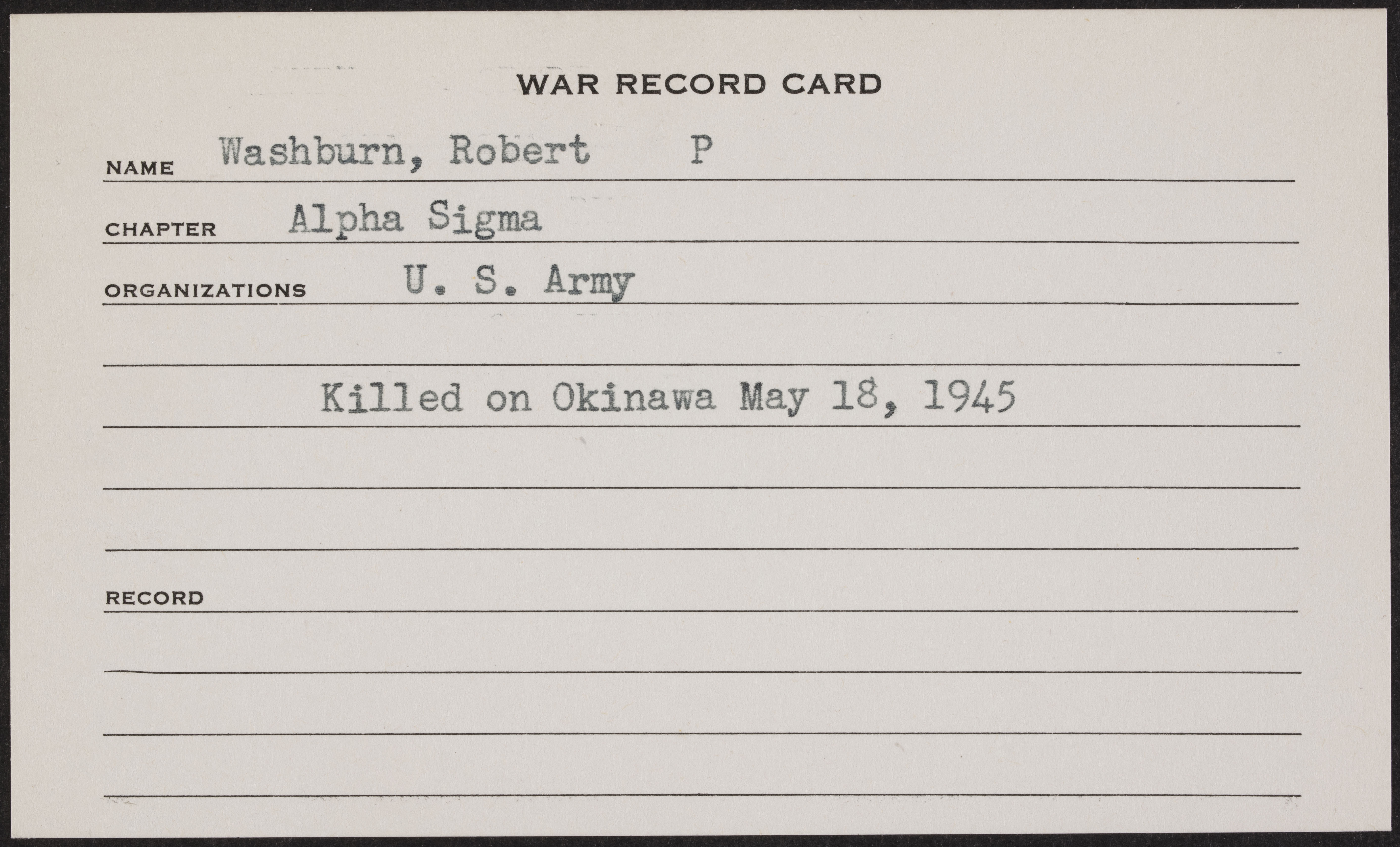 Robert Pattison Washburn War Record Card