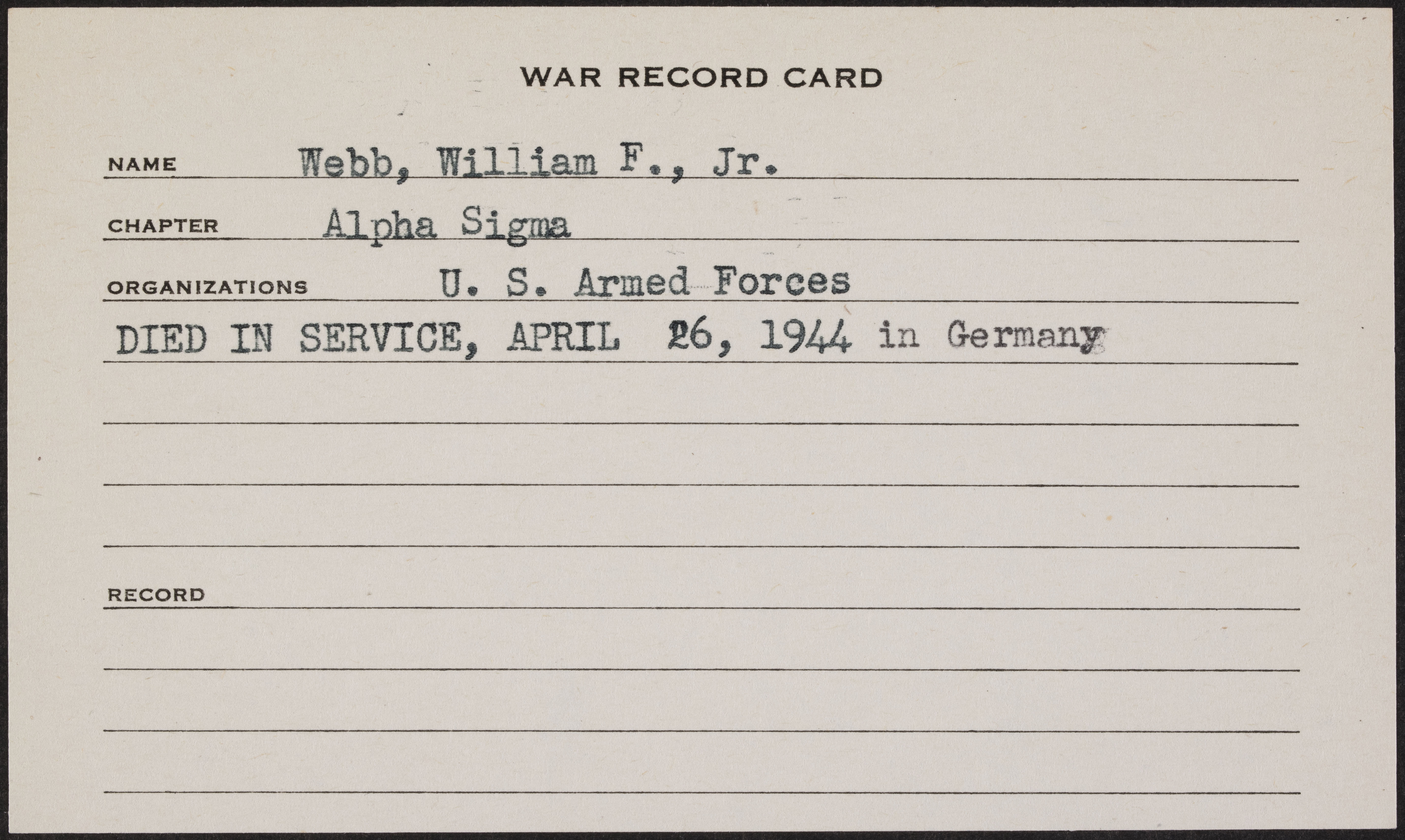 William Franklin Webb Jr. War Record Card