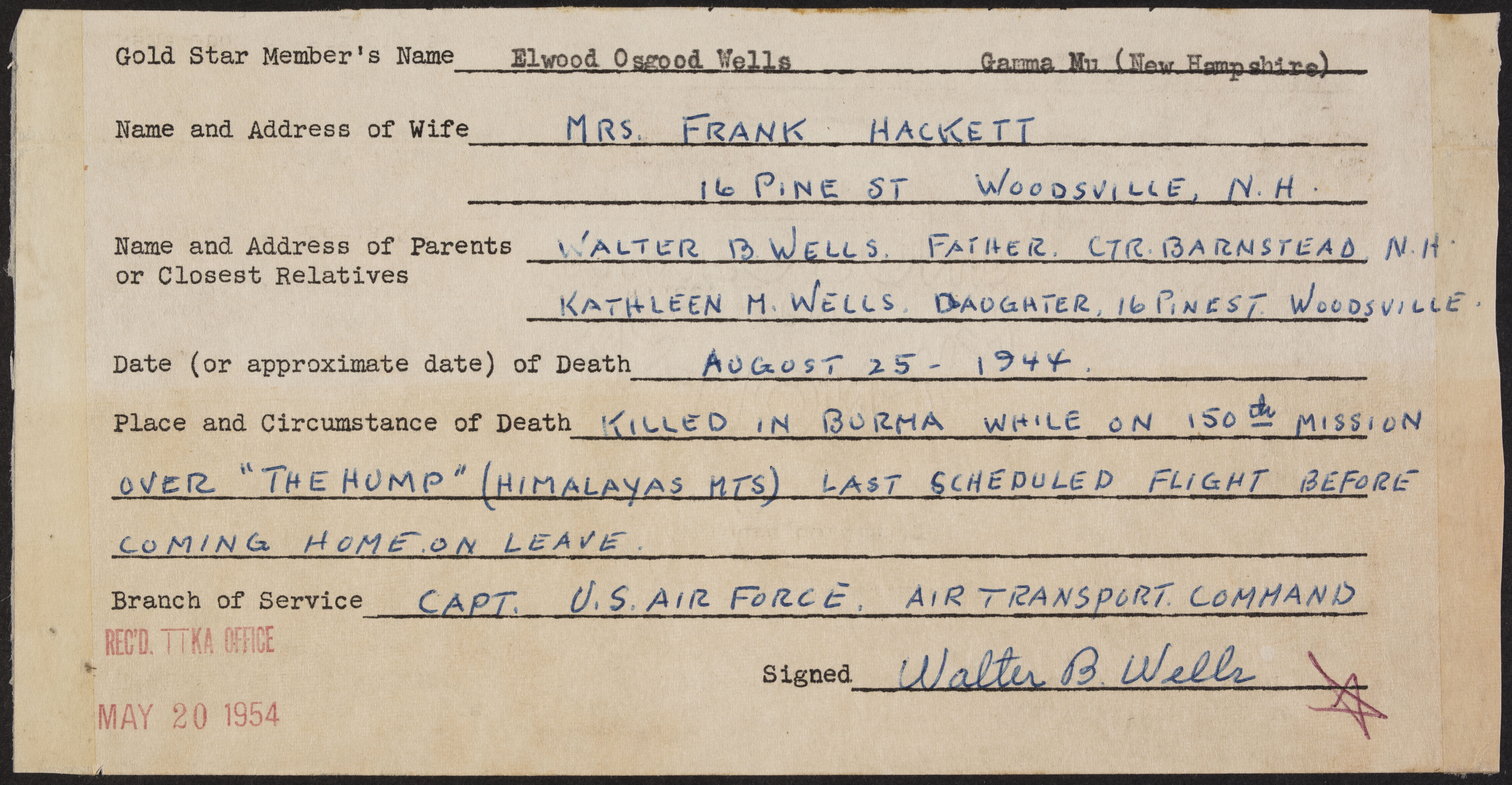 Elwood Osgood Wells War Record Form, May 20, 1954