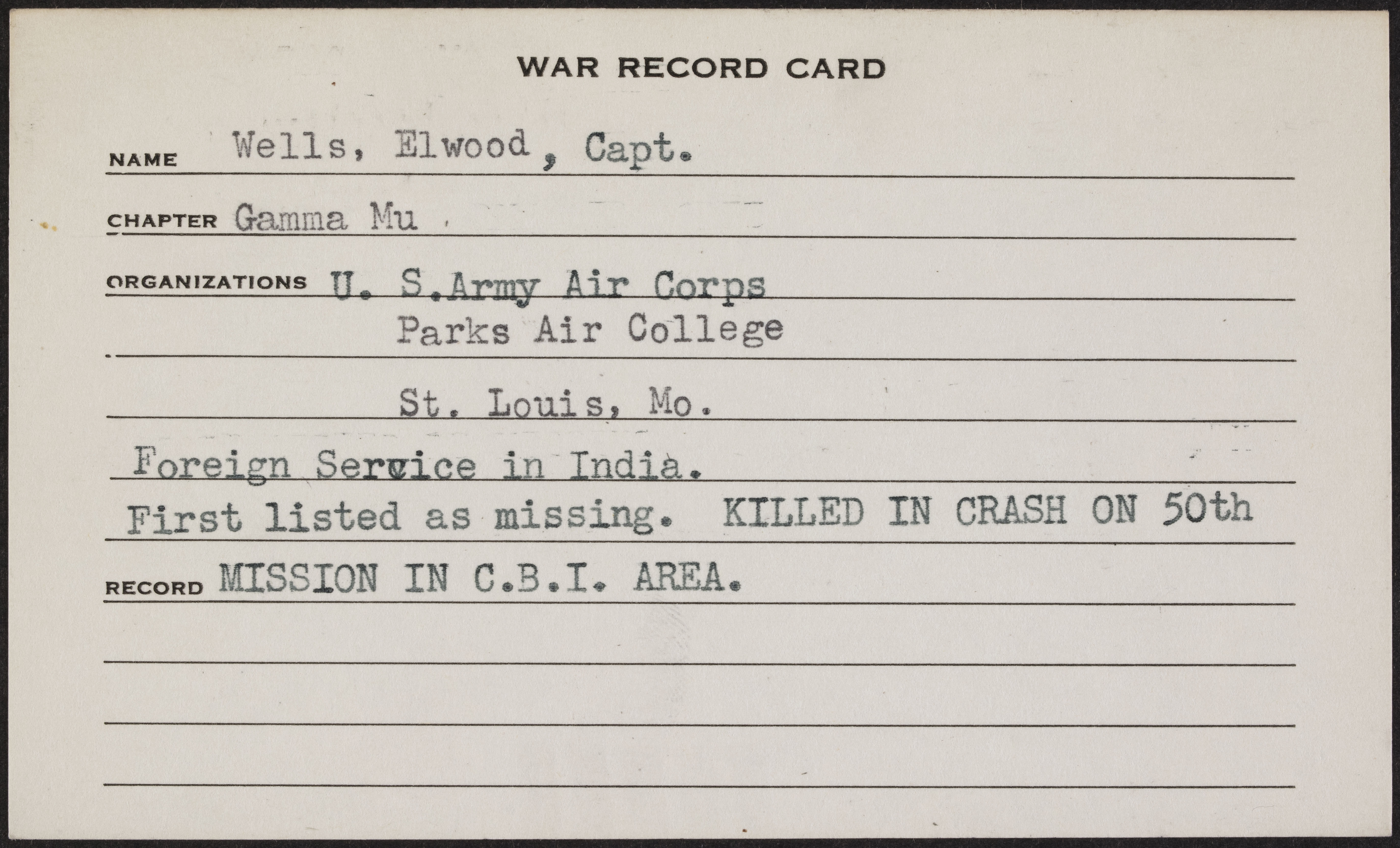 Elwood Osgood Wells War Record Card