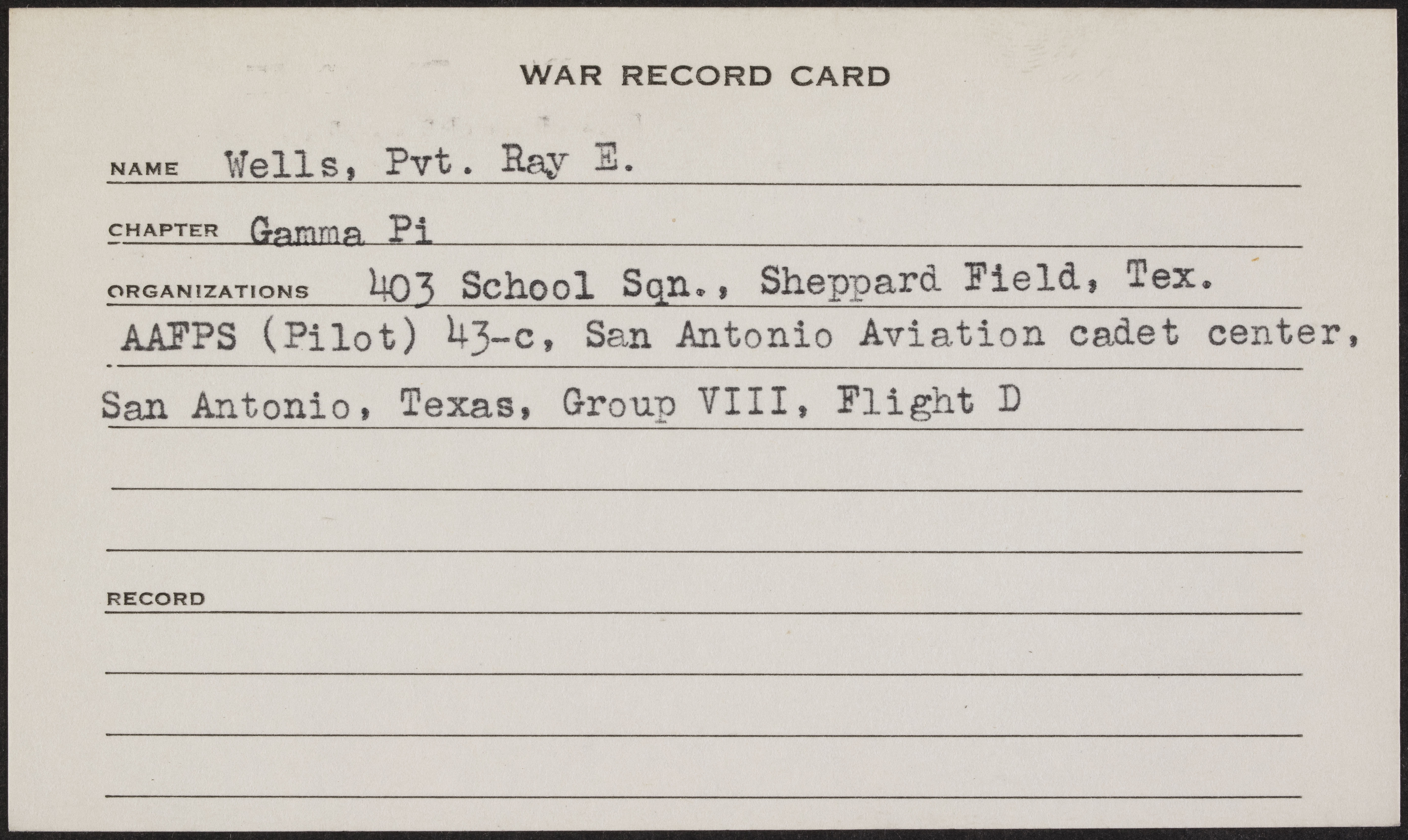 Ray Edward Wells War Record Card