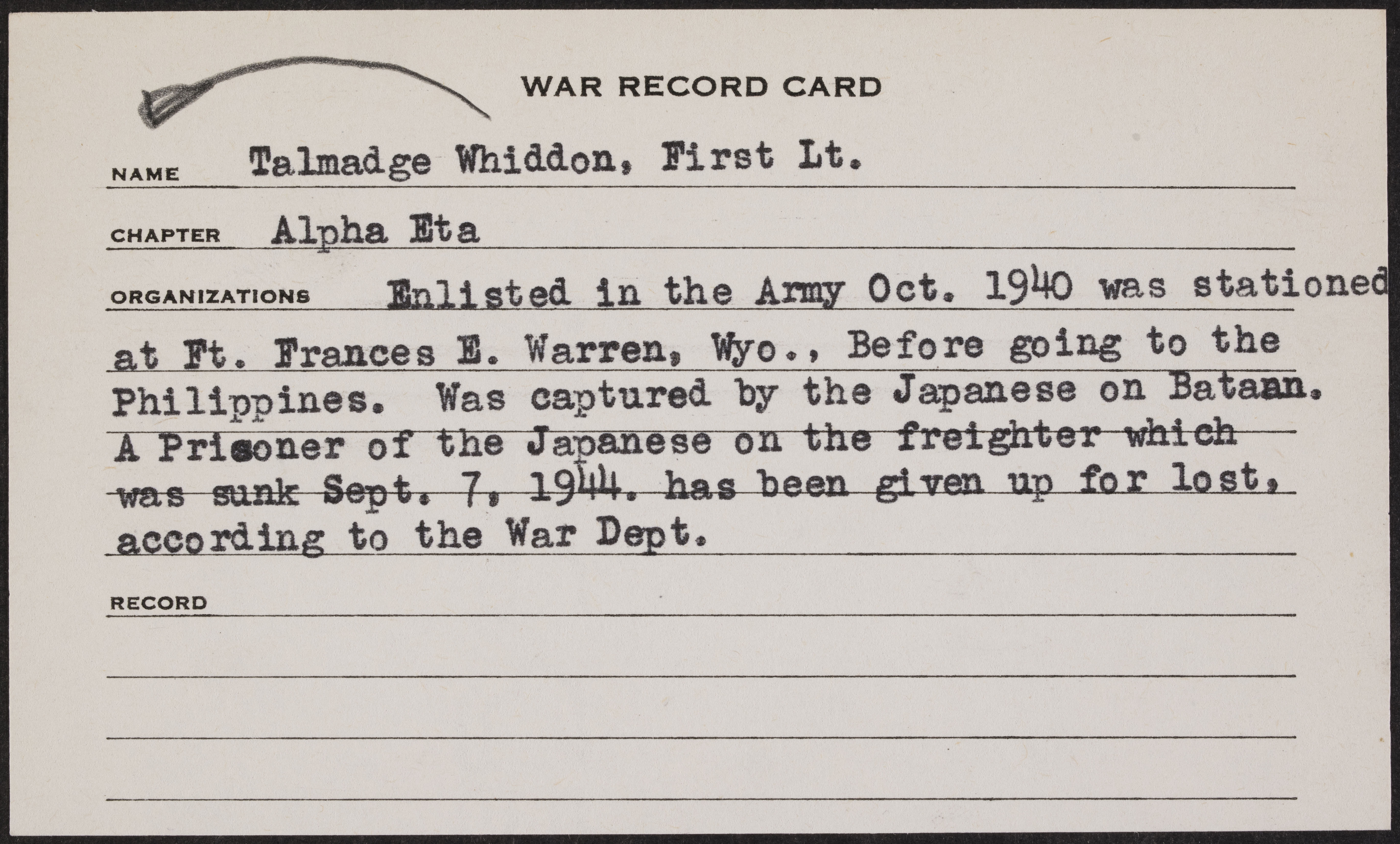 Linza Talmadge Whiddon War Record Card