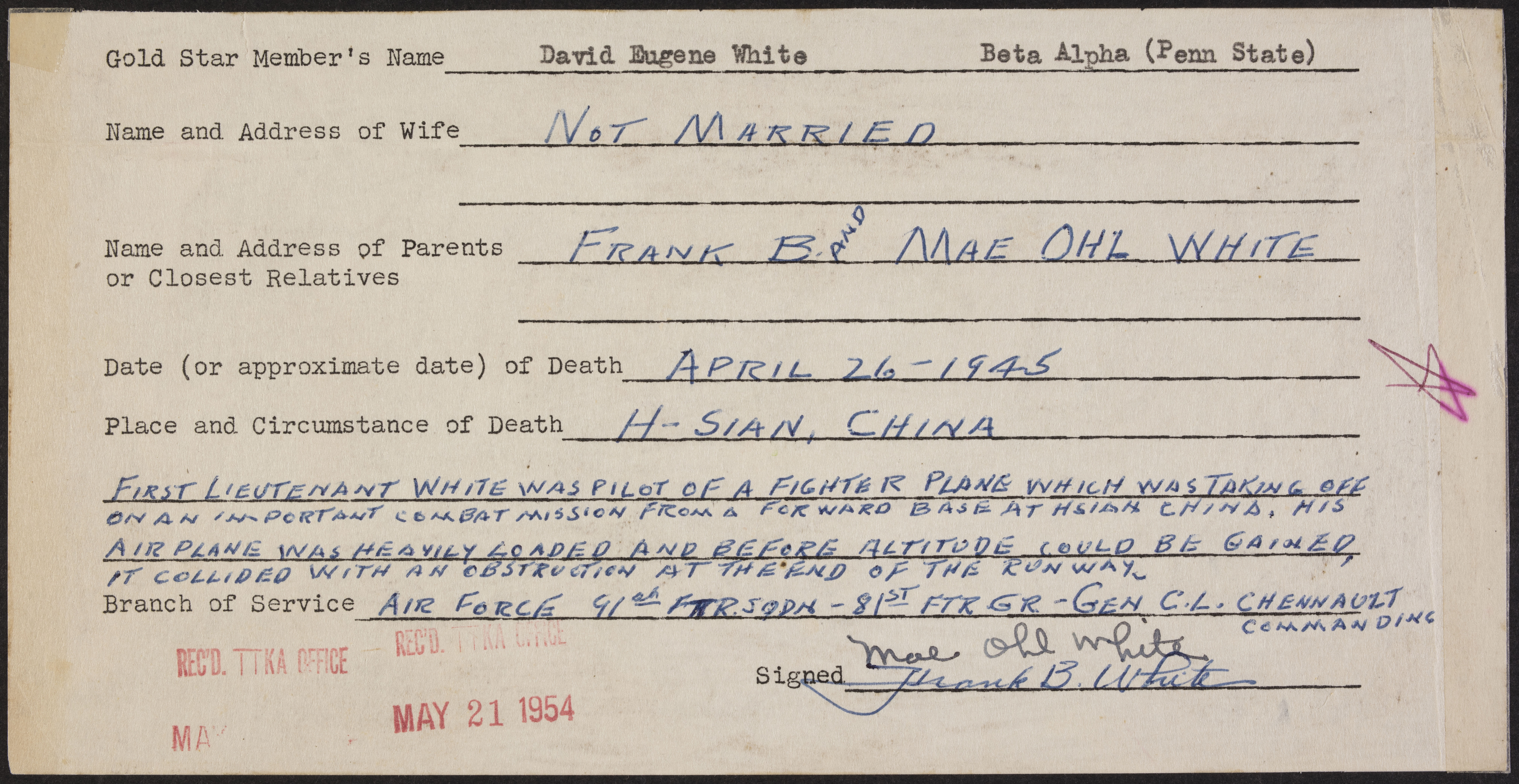David Eugene White War Record Form, May 21, 1954