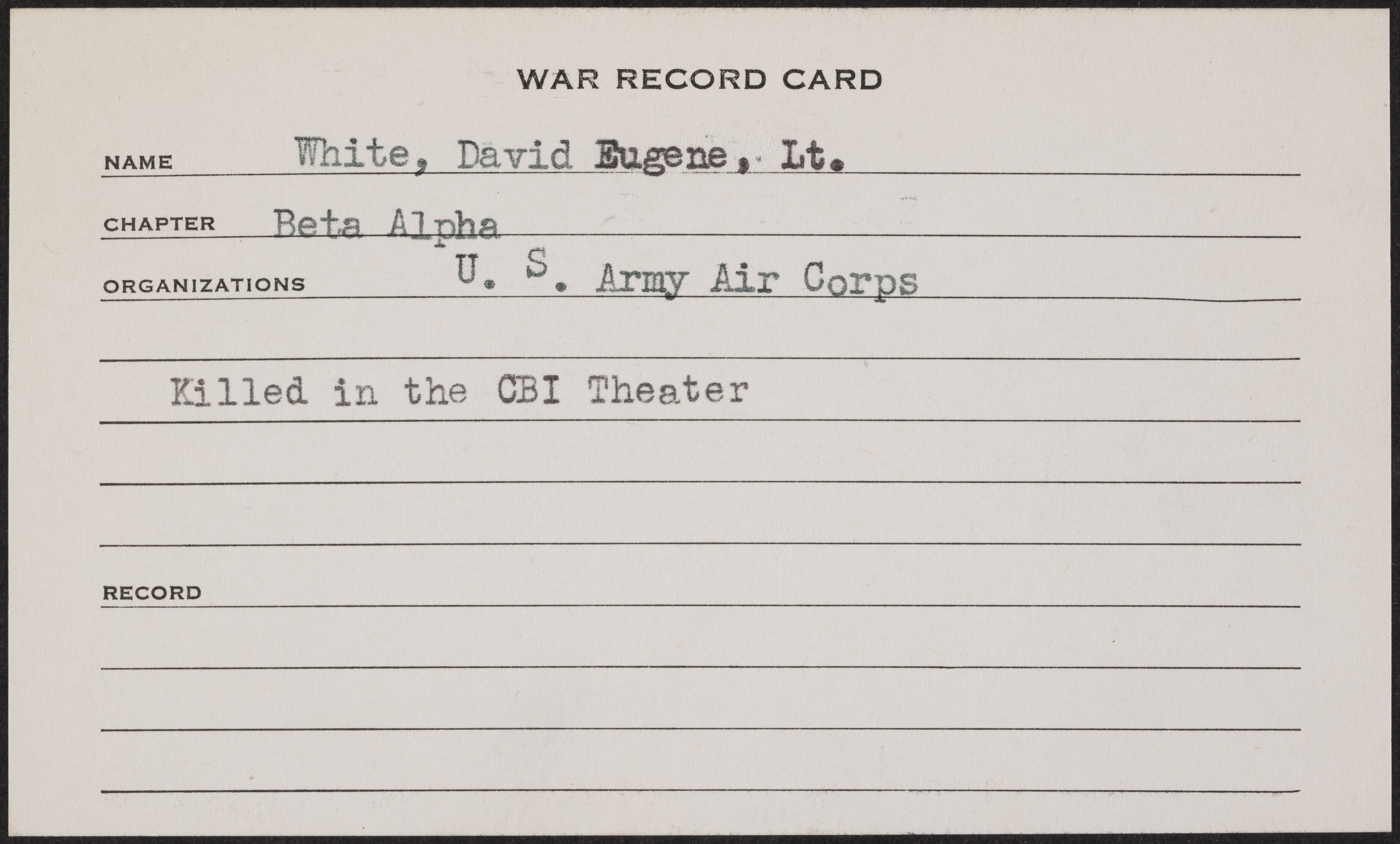 David Eugene White War Record Card