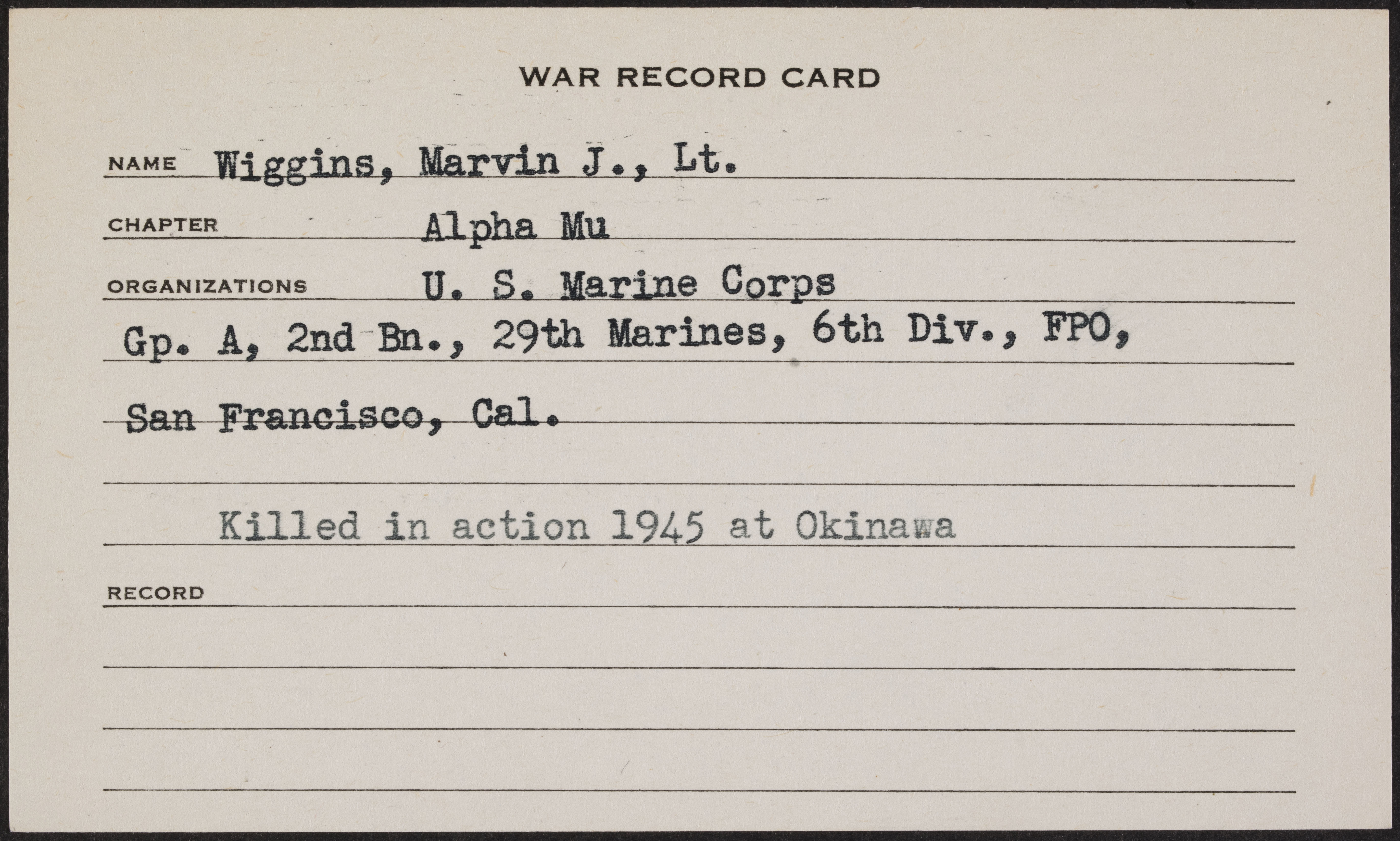 Marvin Jones Wiggins War Record Card