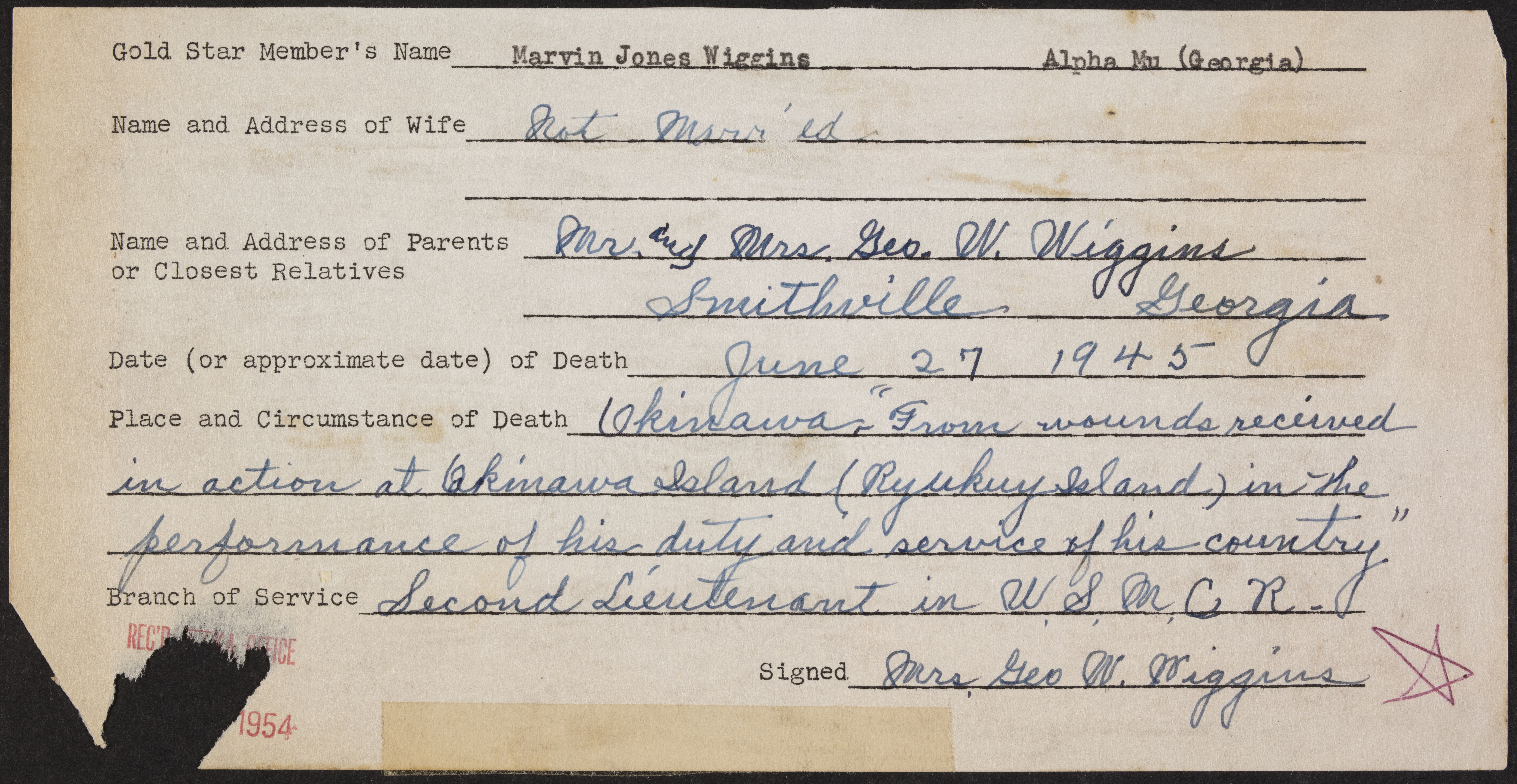 Marvin Jones Wiggins War Record Form, 1954