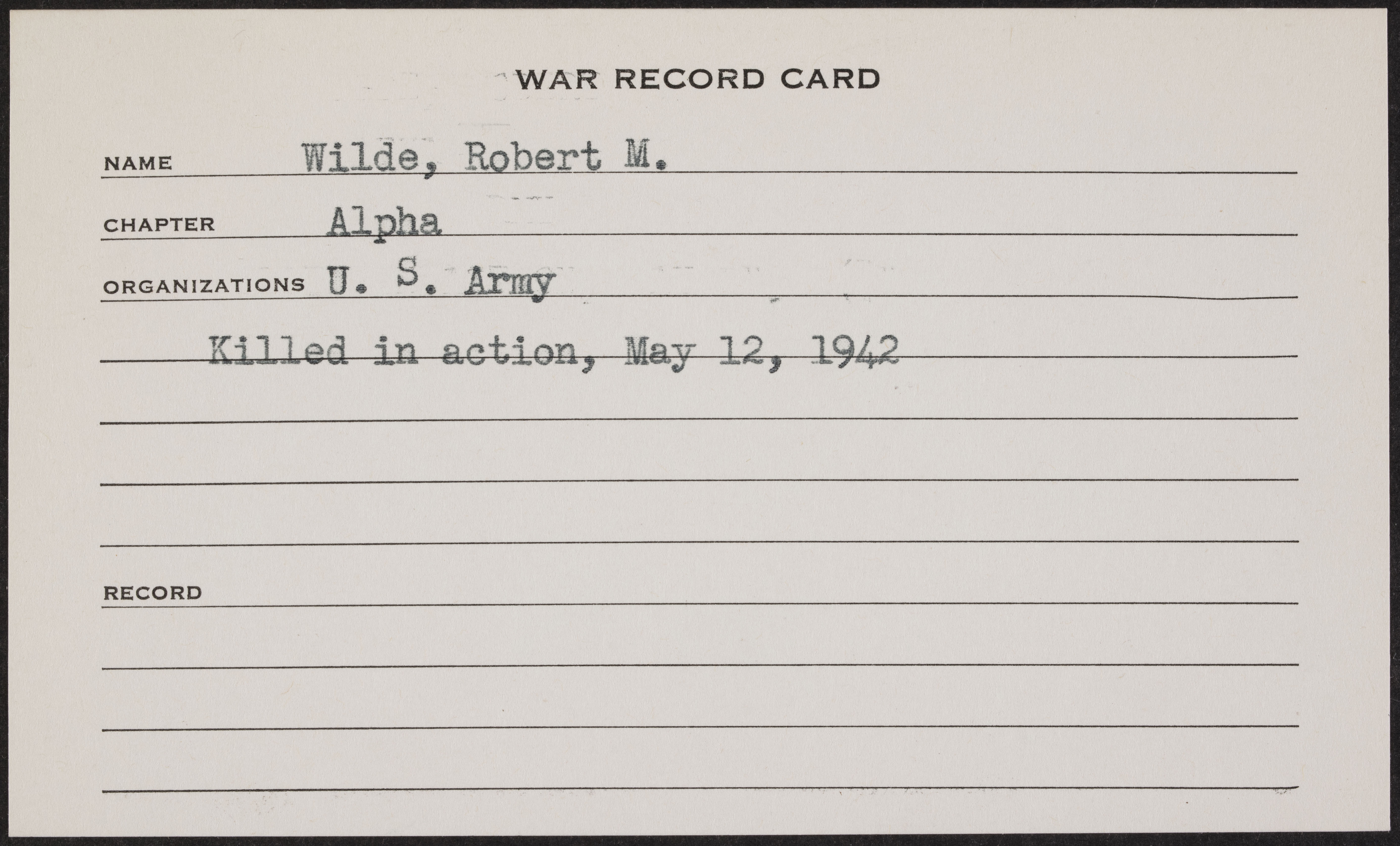 Robert Michael Wilde War Record Card