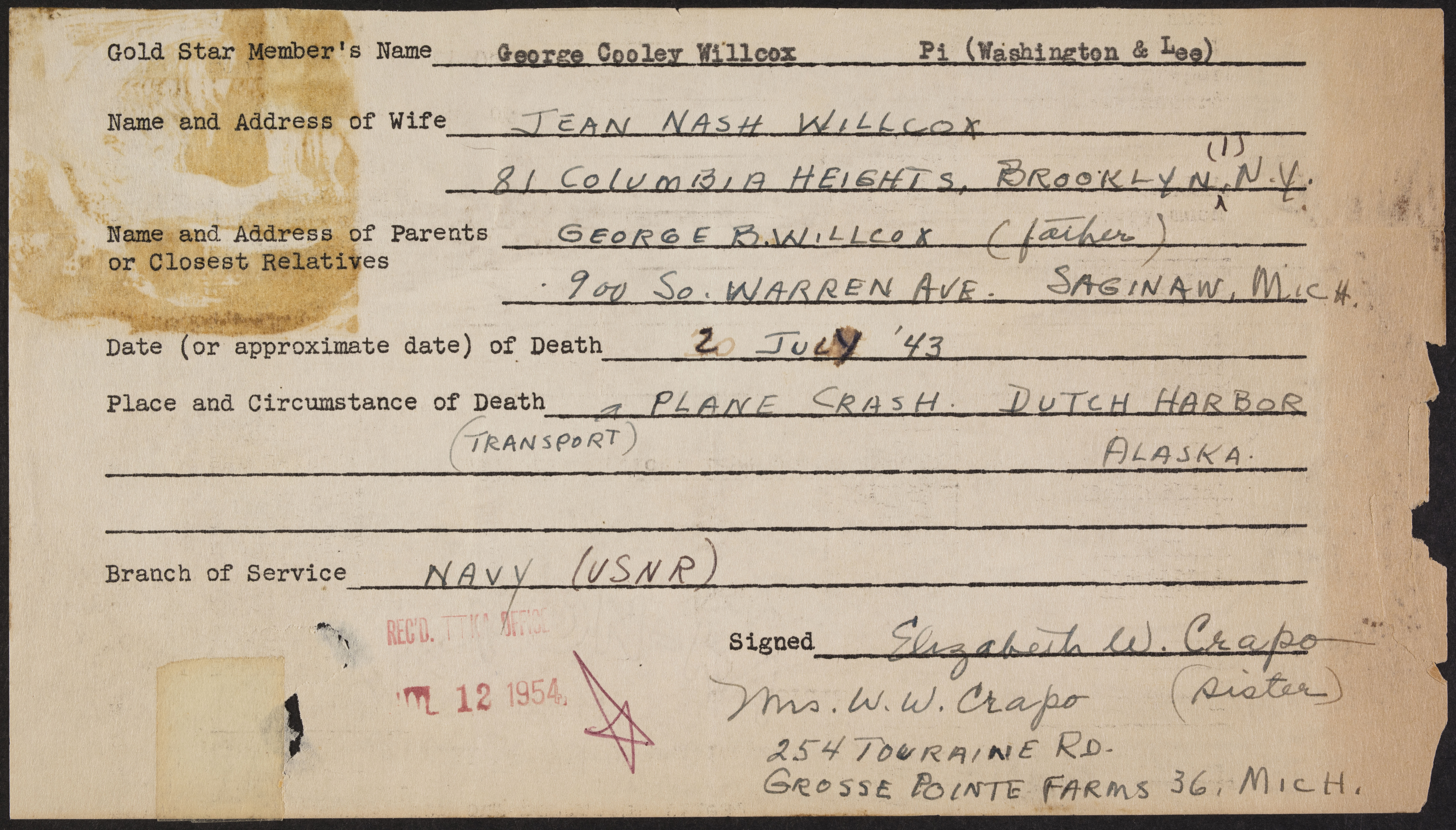George Cooley Willcox War Record Form, July 12, 1954