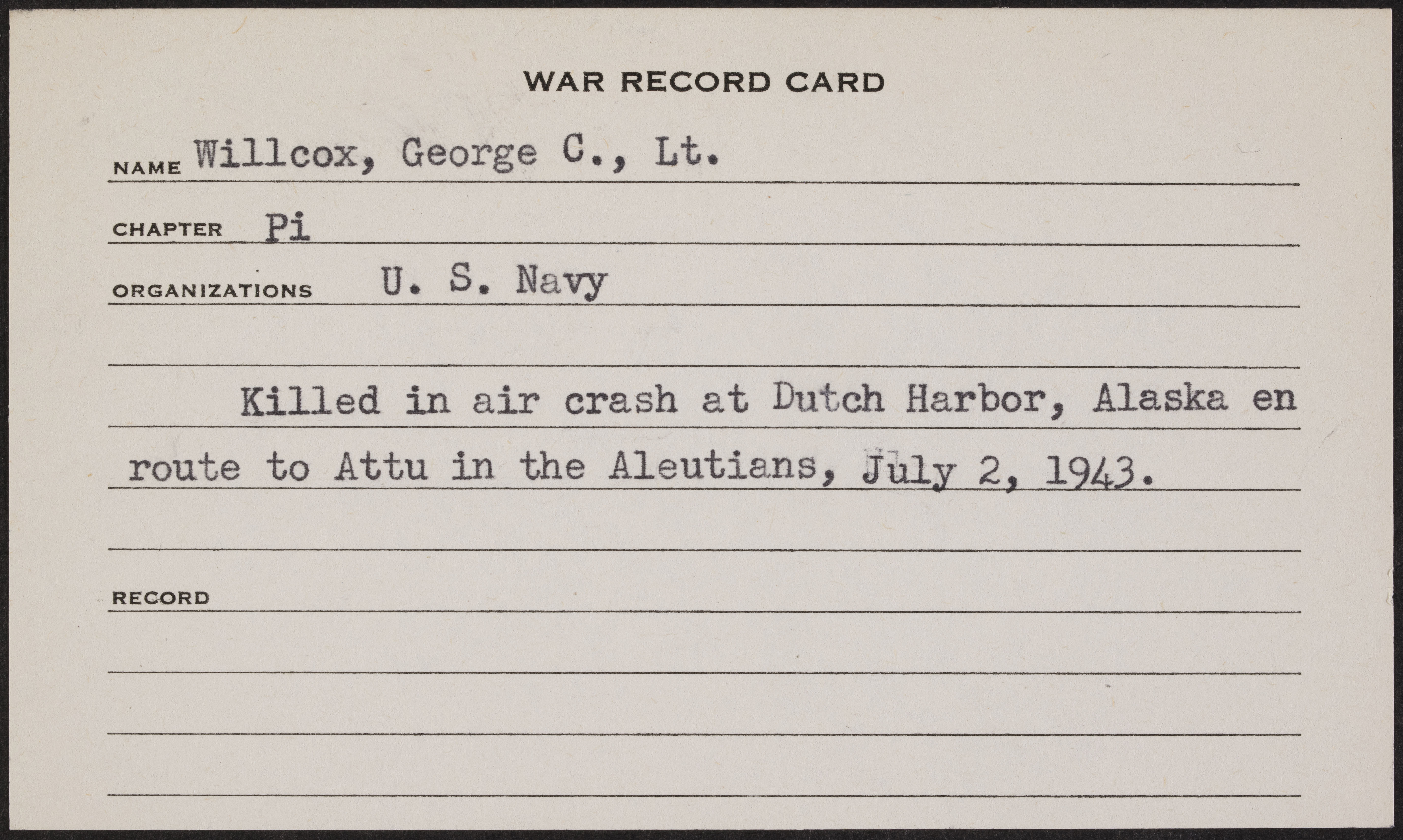 George Cooley Willcox War Record Card