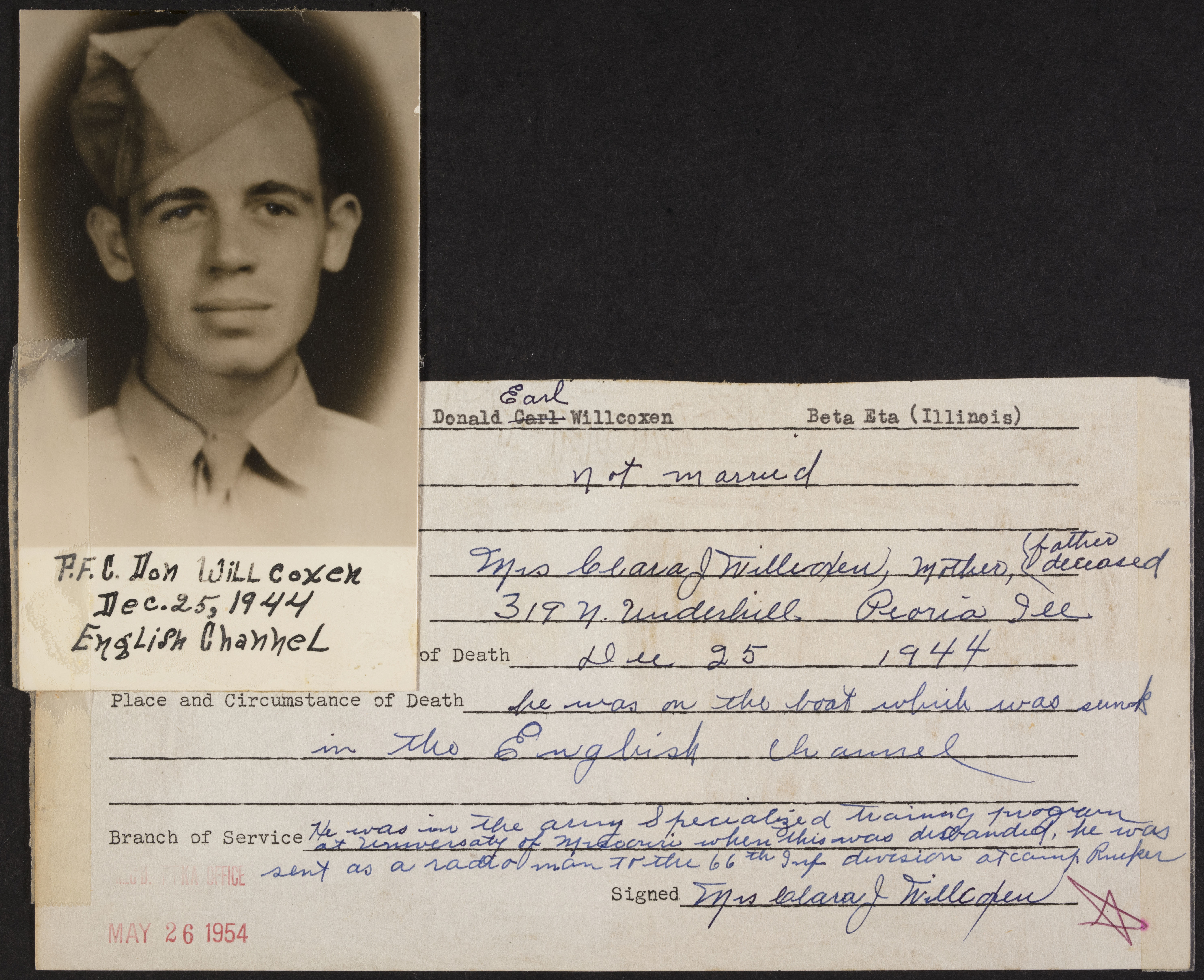 Donald Earl Willcoxen War Record Form, May 26, 1954