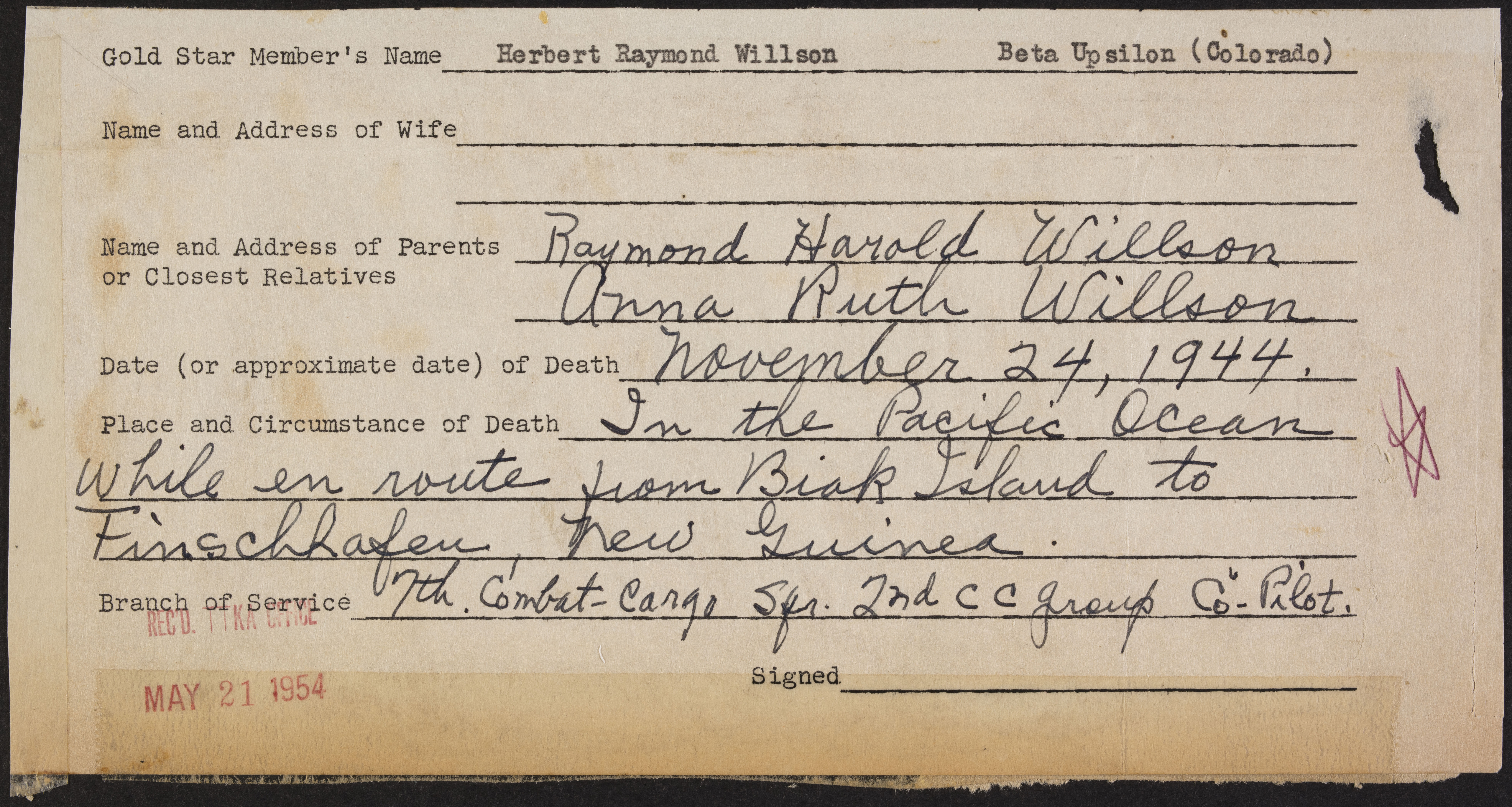 Herbert Raymond Willson War Record Form, May 21, 1954