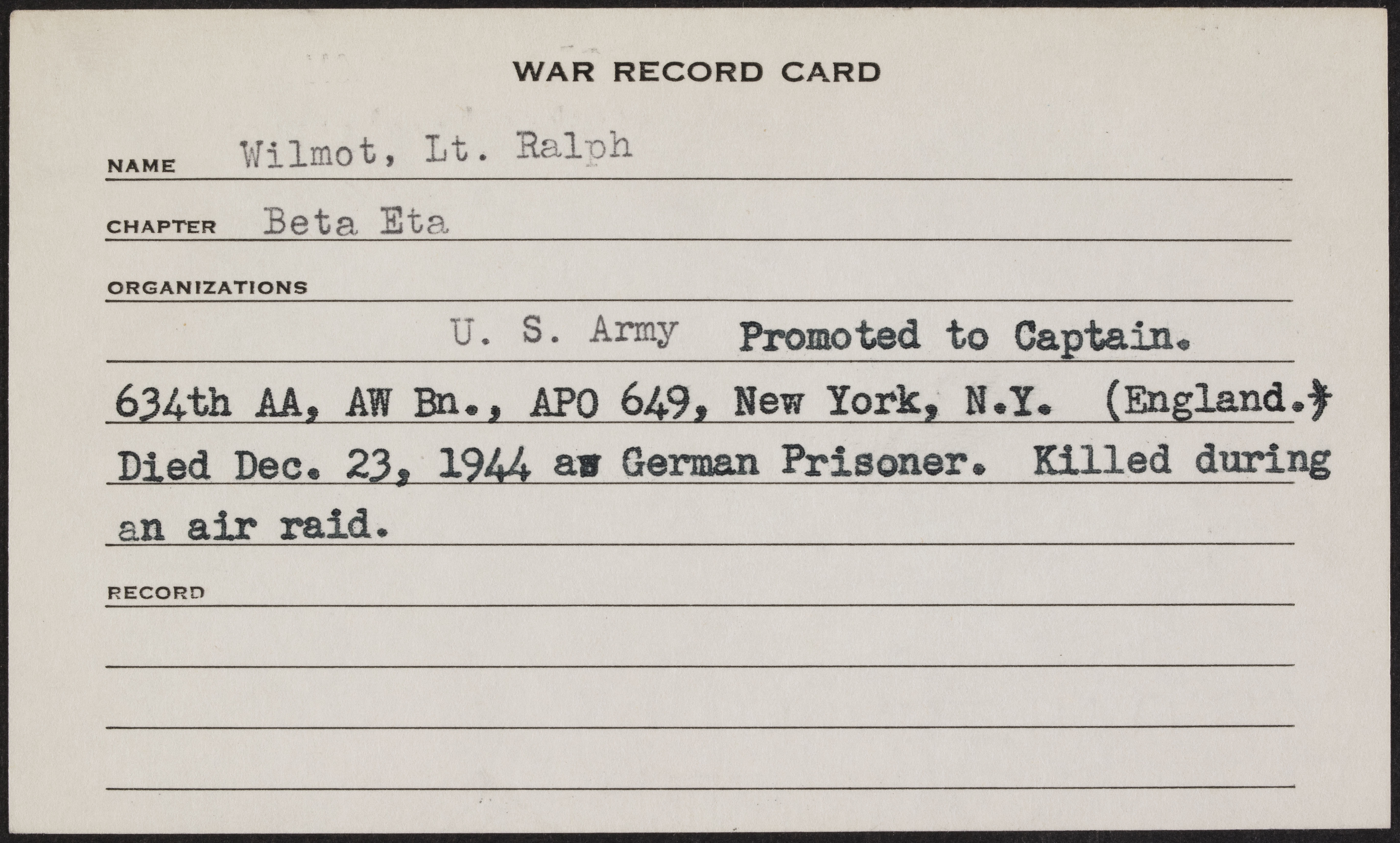 Ralph Allen Wilmot War Record Card