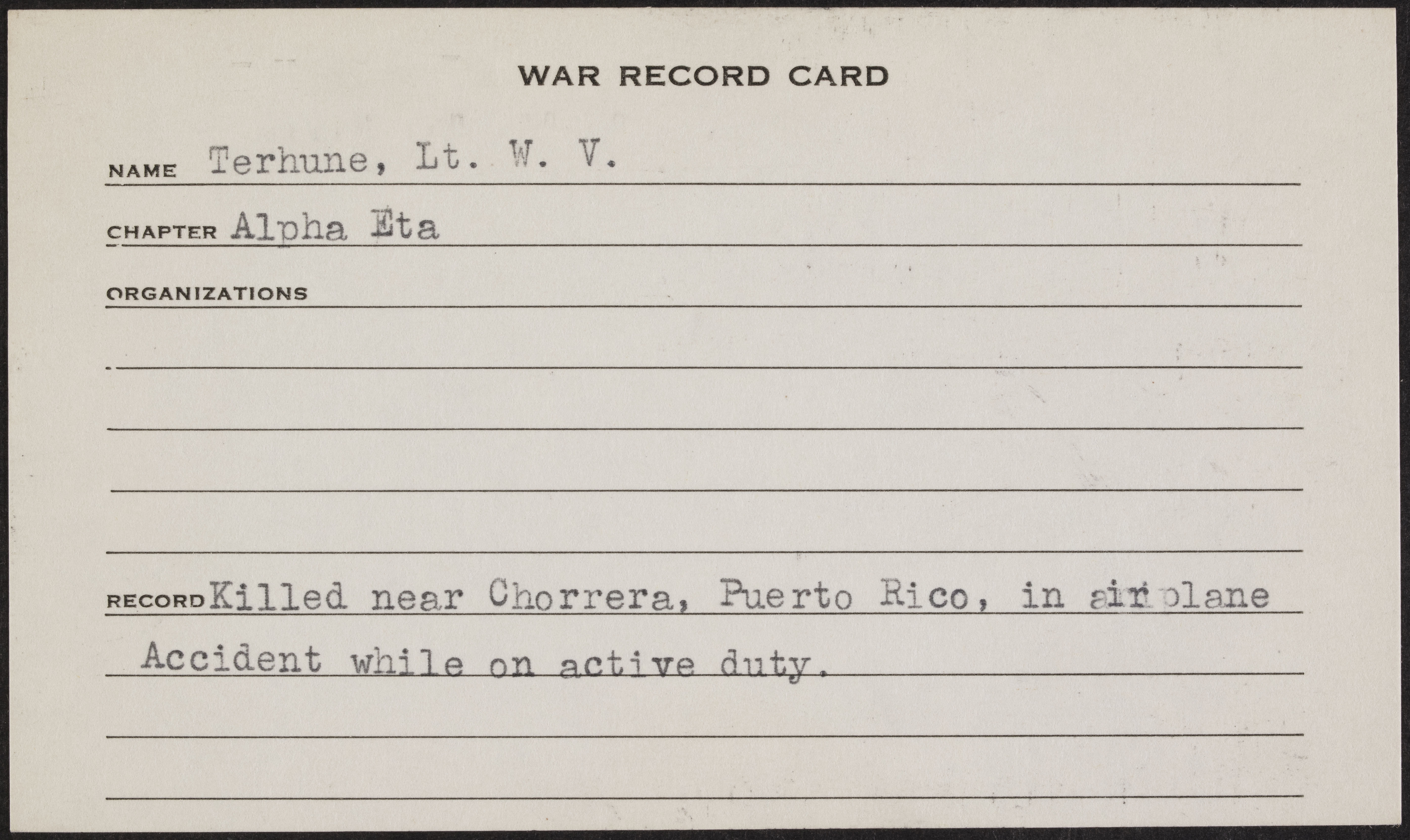 William Van Arsdale Terhune Jr. War Record Card