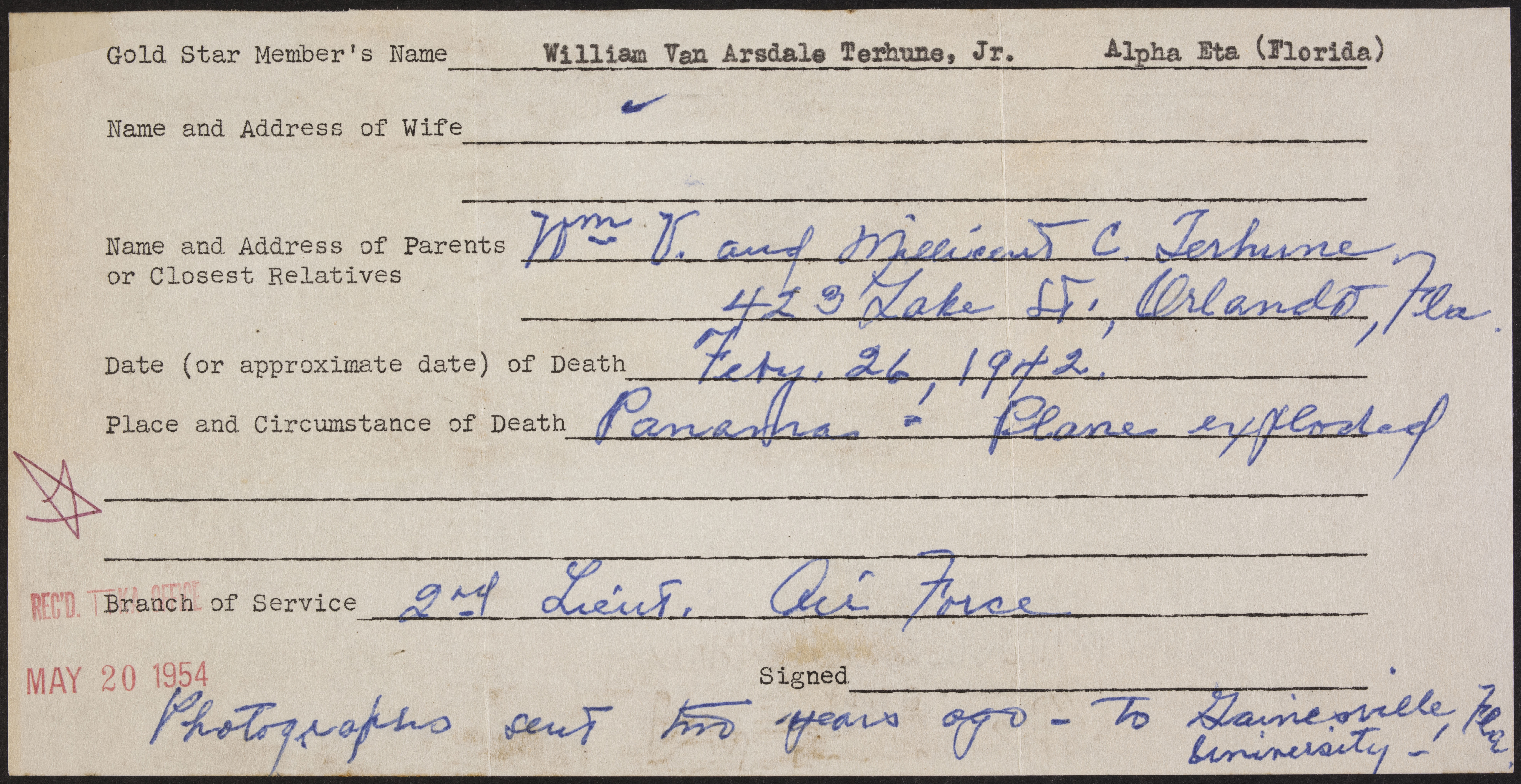 William Van Arsdale Terhune Jr. War Record Form, May 20, 1954