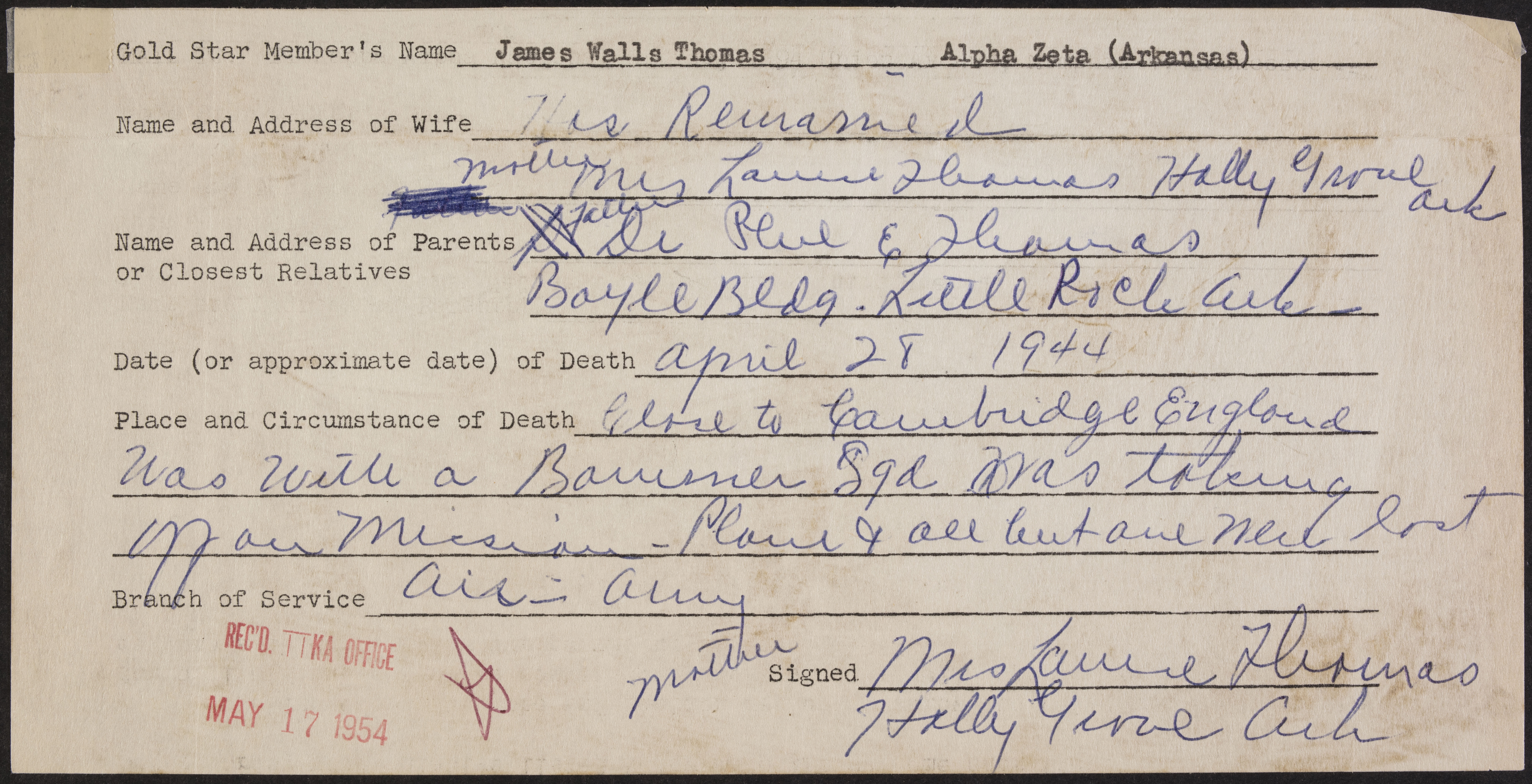 James Walls Thomas War Record Form, Mary 17, 1954