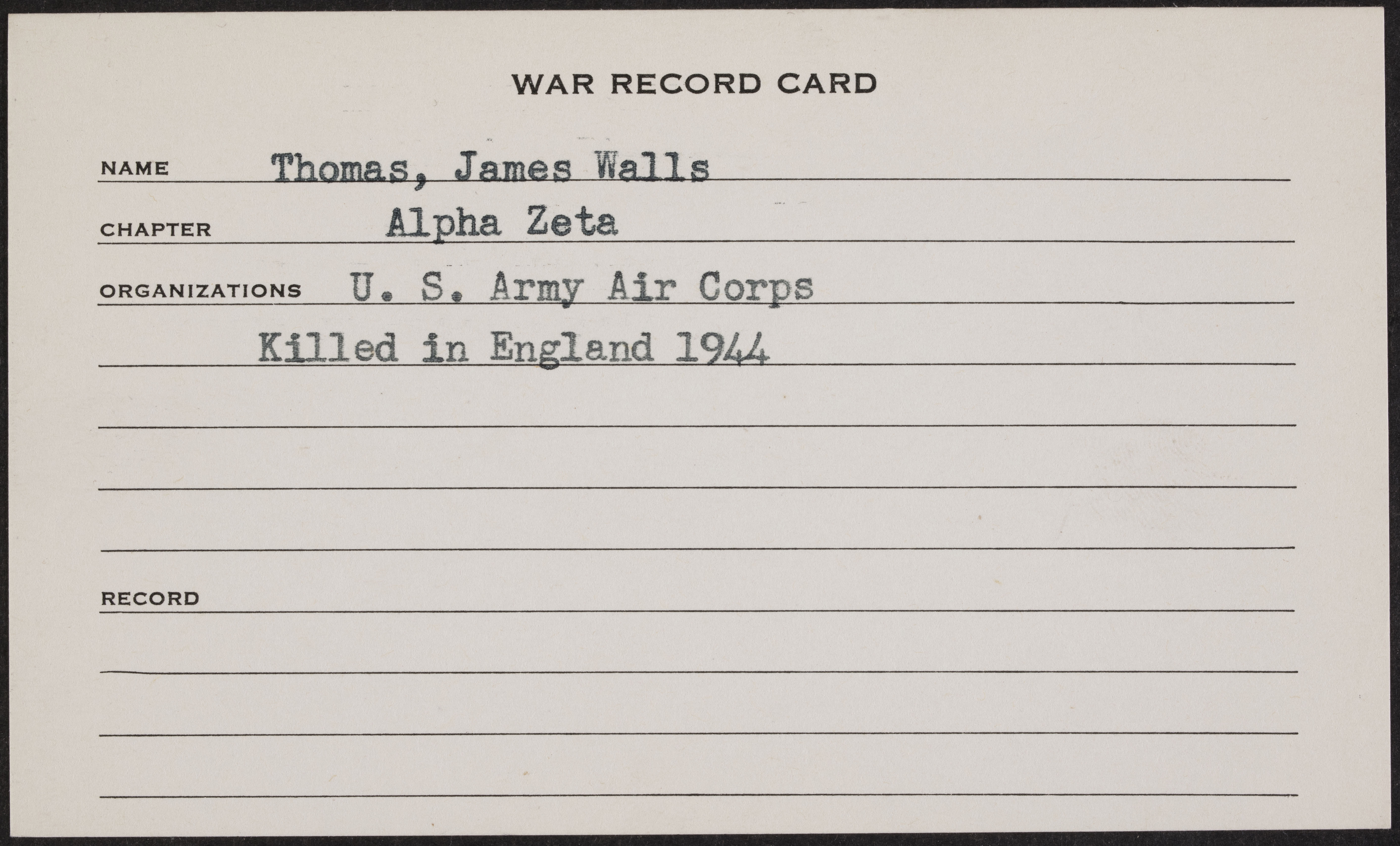 James Walls Thomas War Record Card