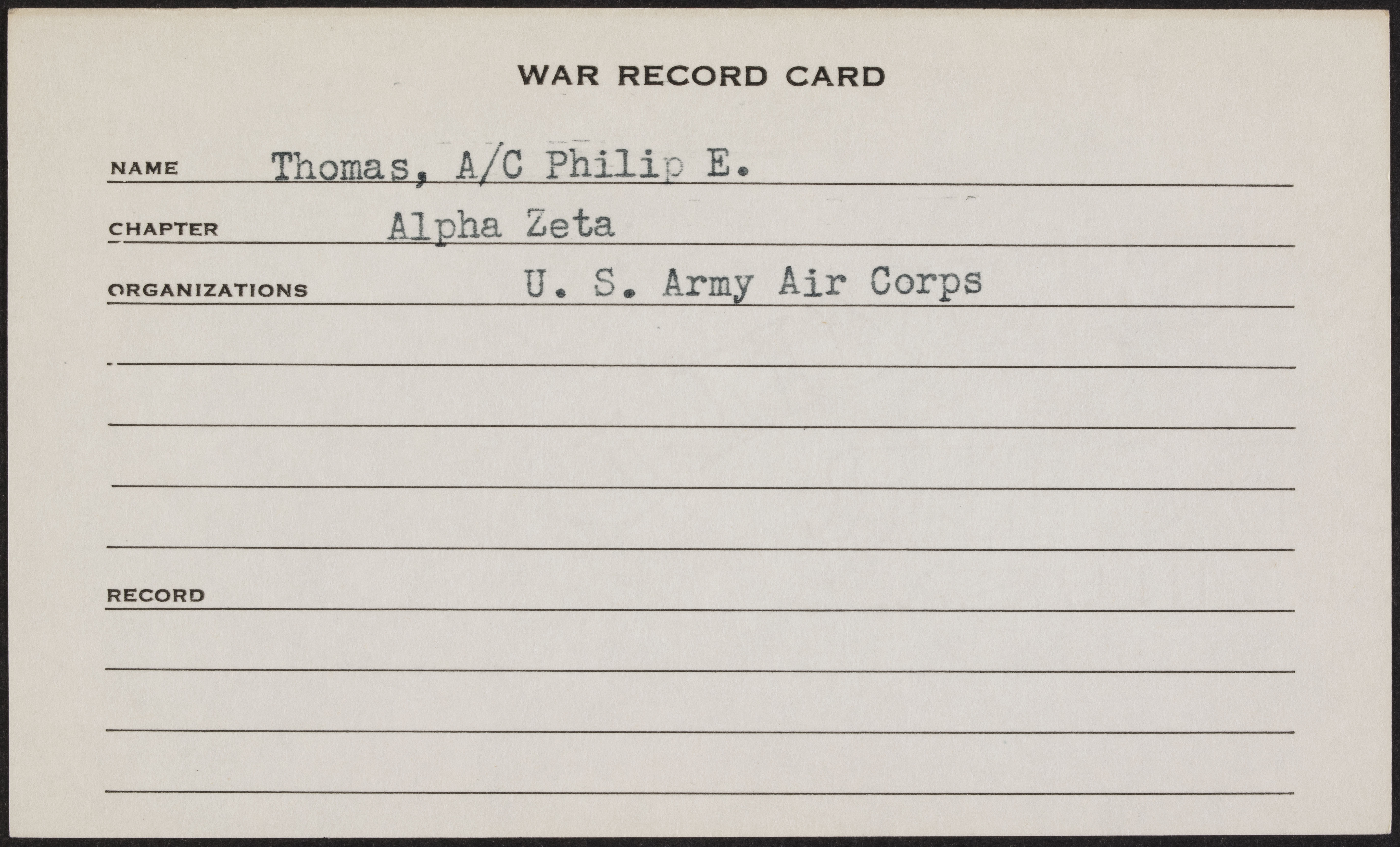 Philip Emerson Thomas War Record Card