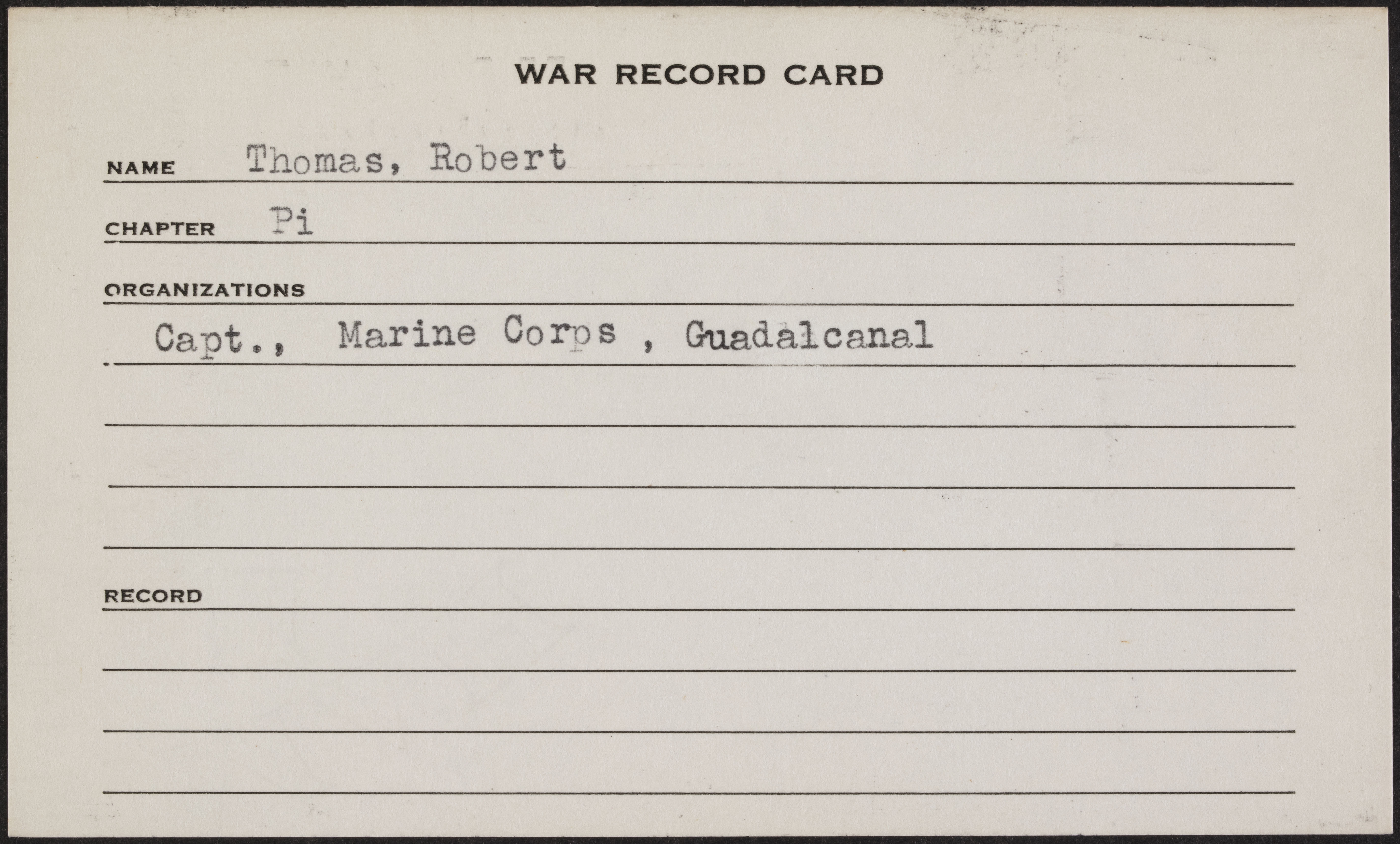 Robert Henry Thomas War Record Card
