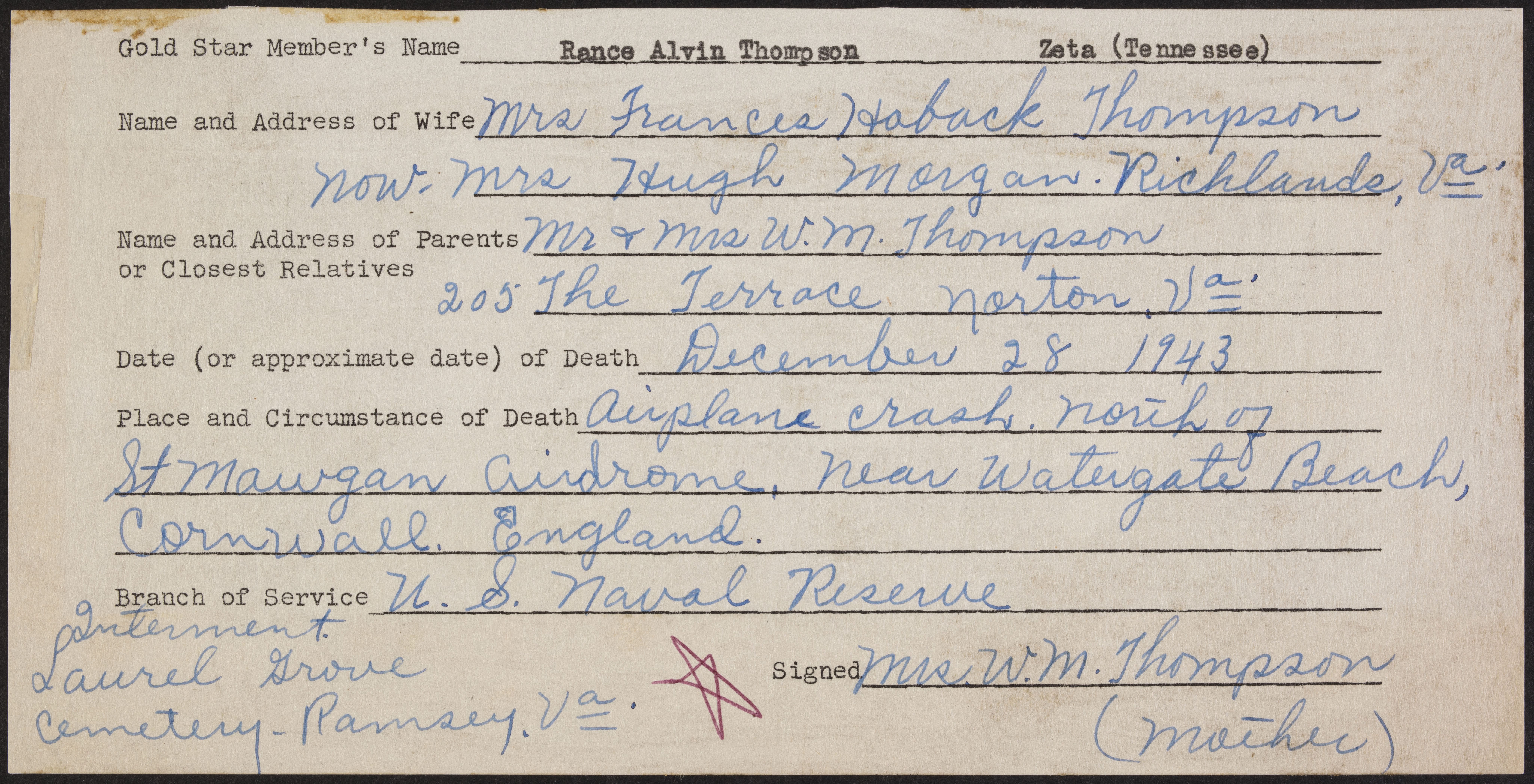 Rance Alvin Thompson War Record Form