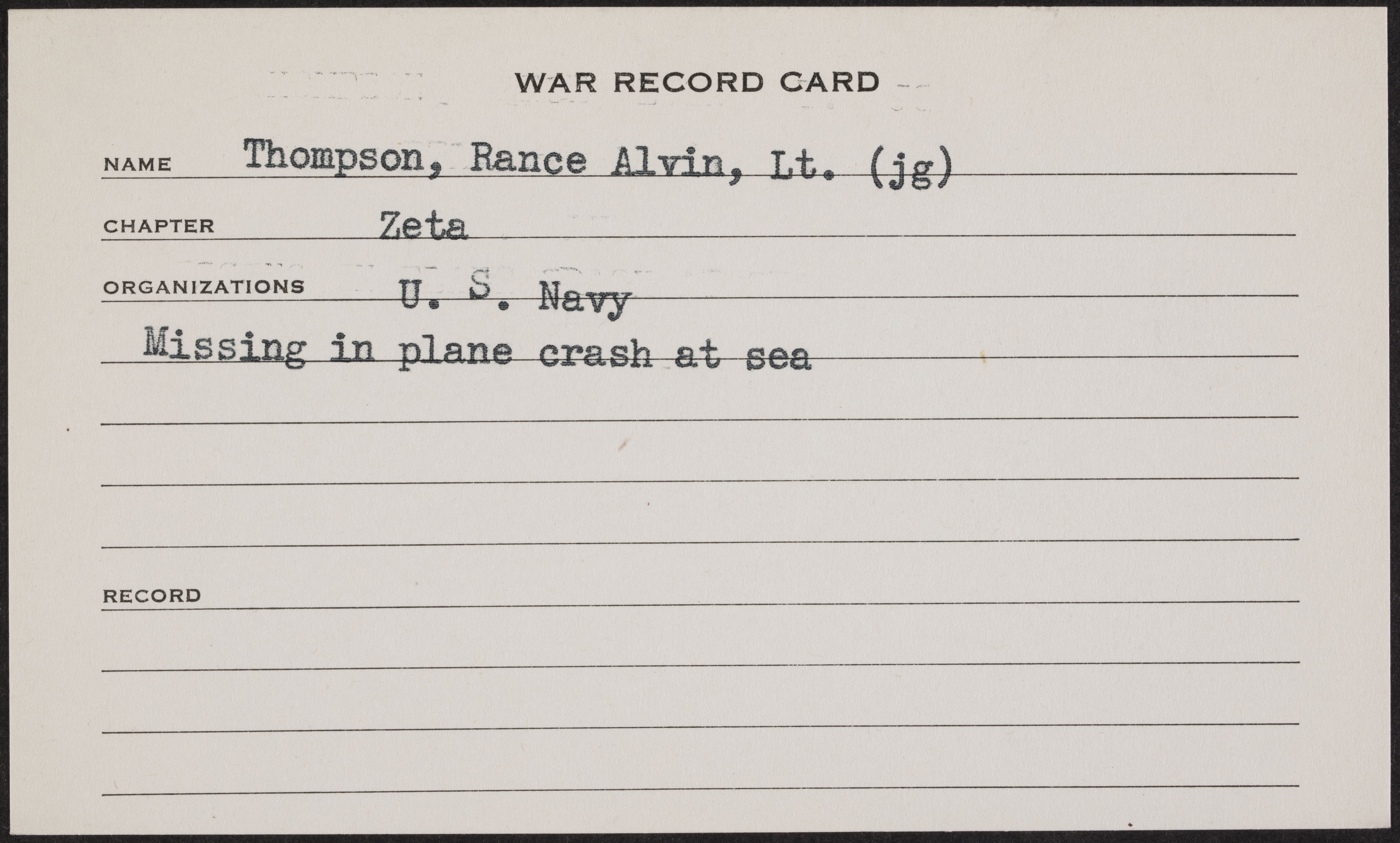 Rance Alvin Thompson War Record Card