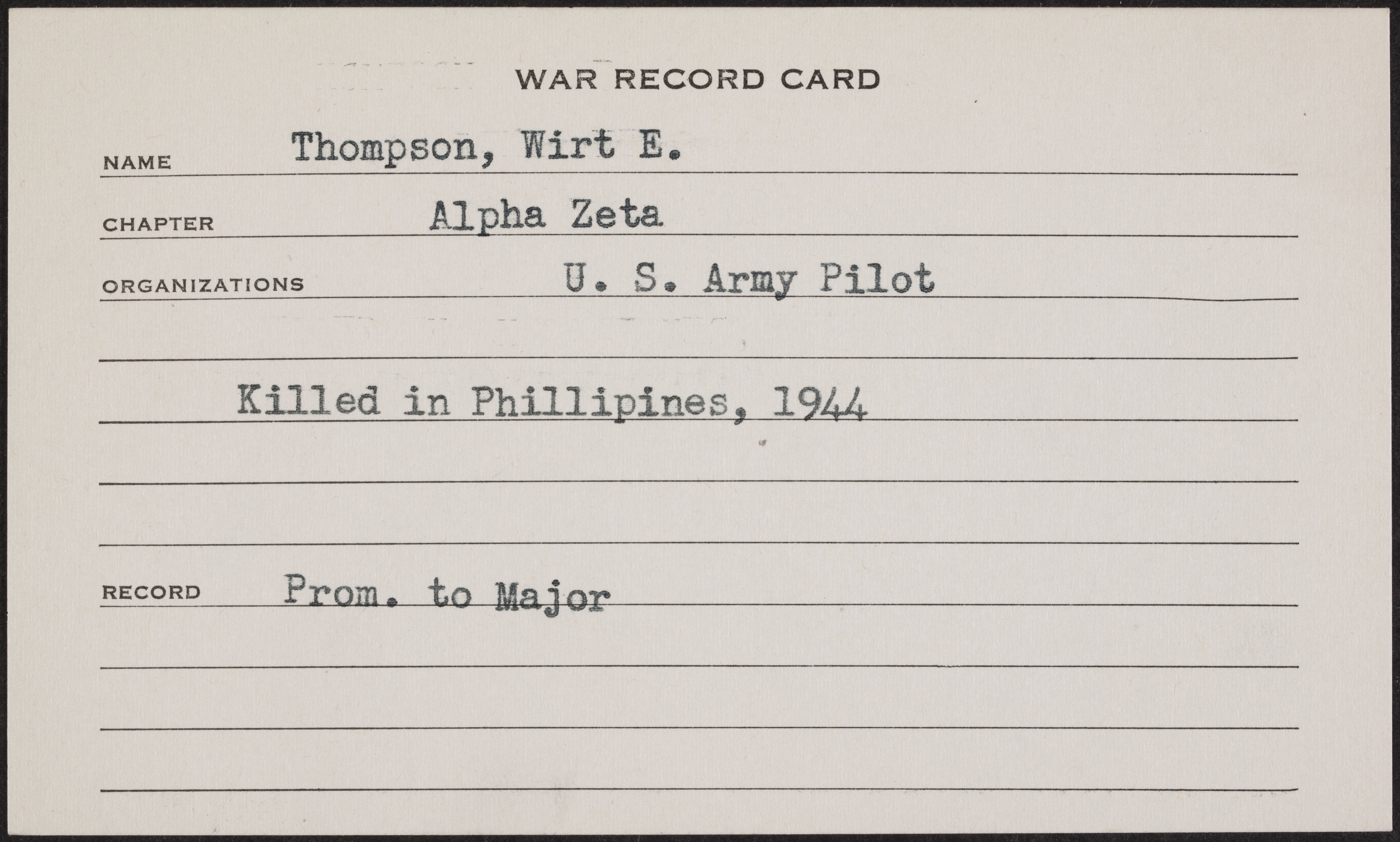 Wirt E. Thompson Jr. War Record Card