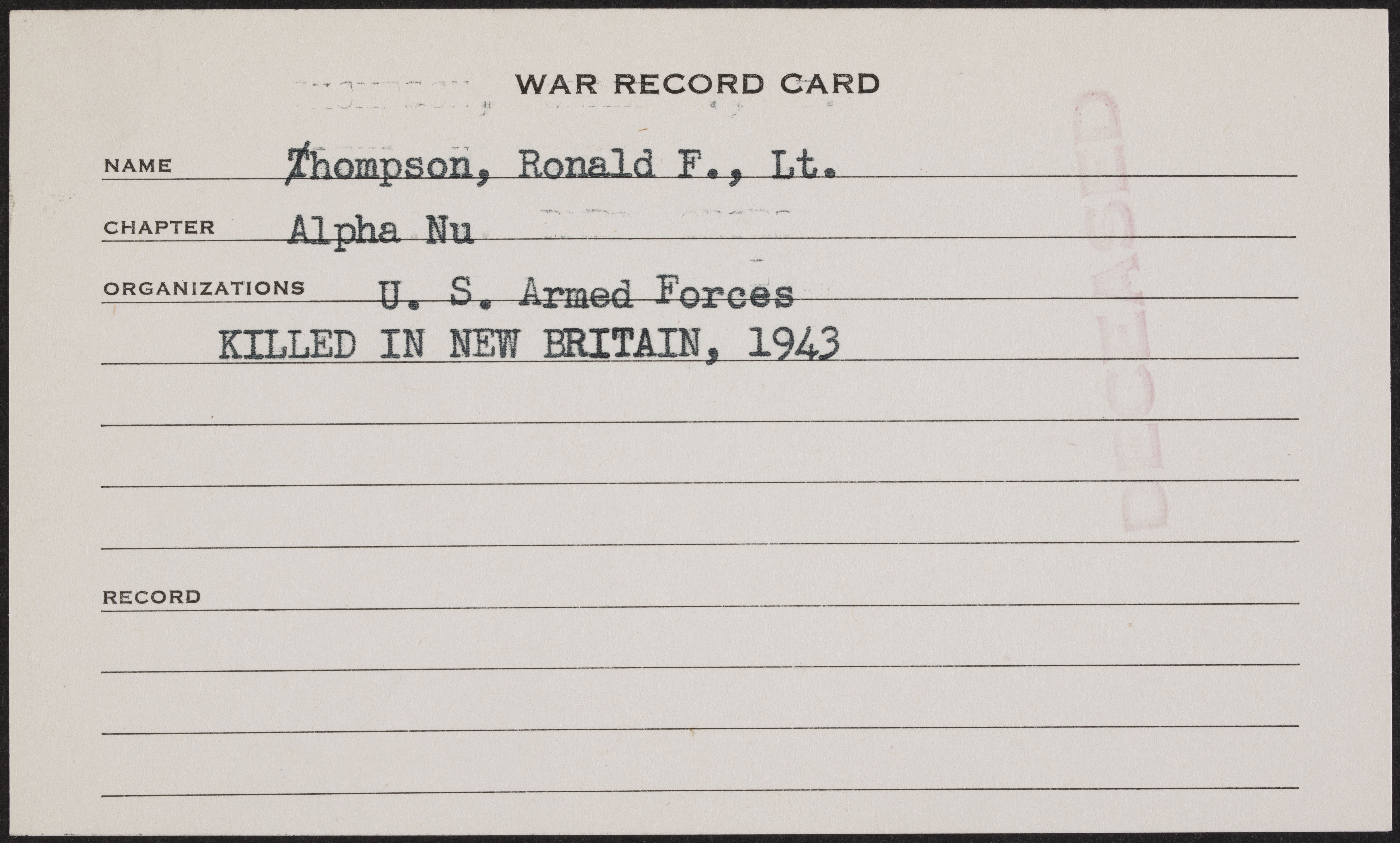 Ronald F. Thompson War Record Card