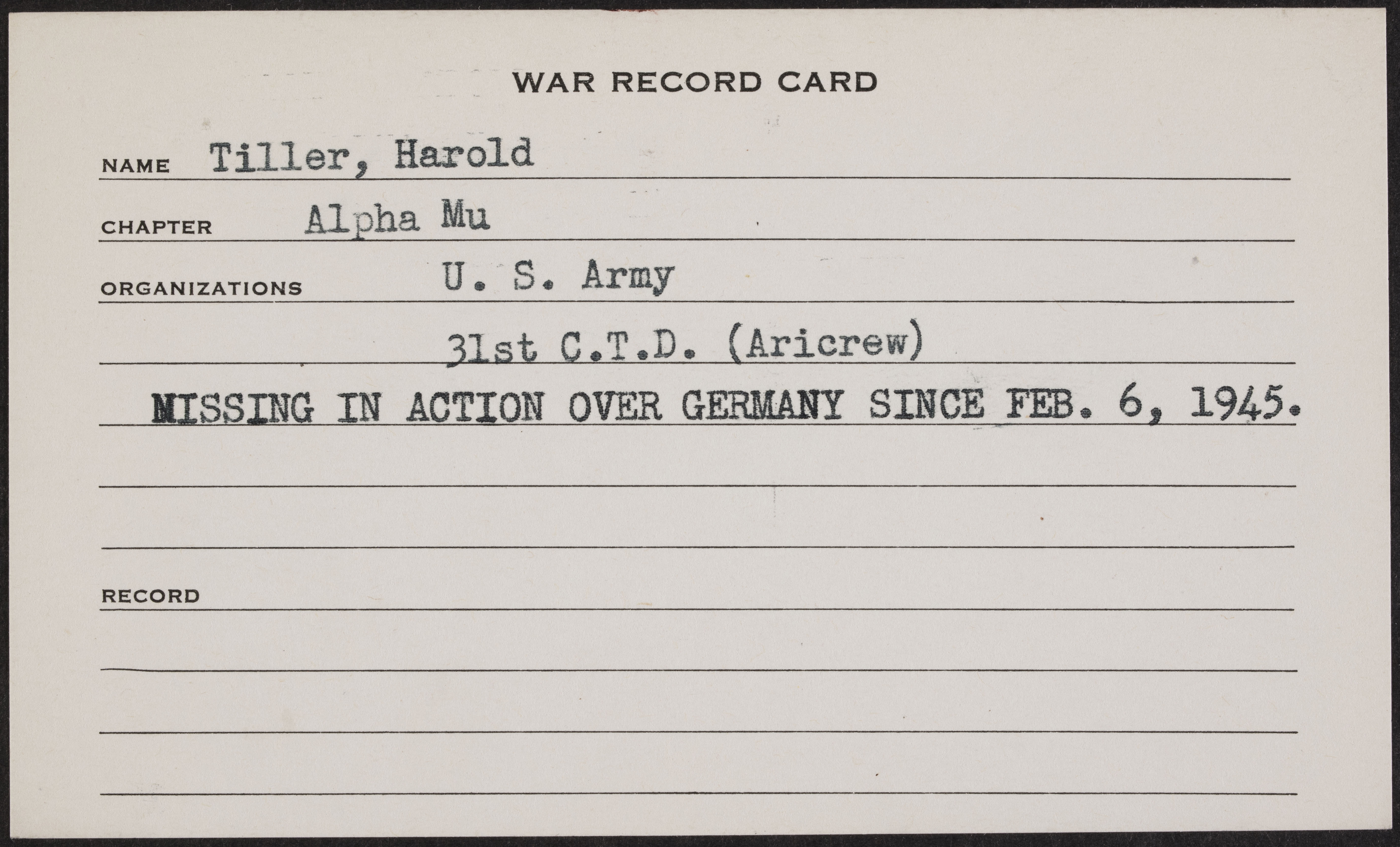 Harold Stille Tiller War Record Card