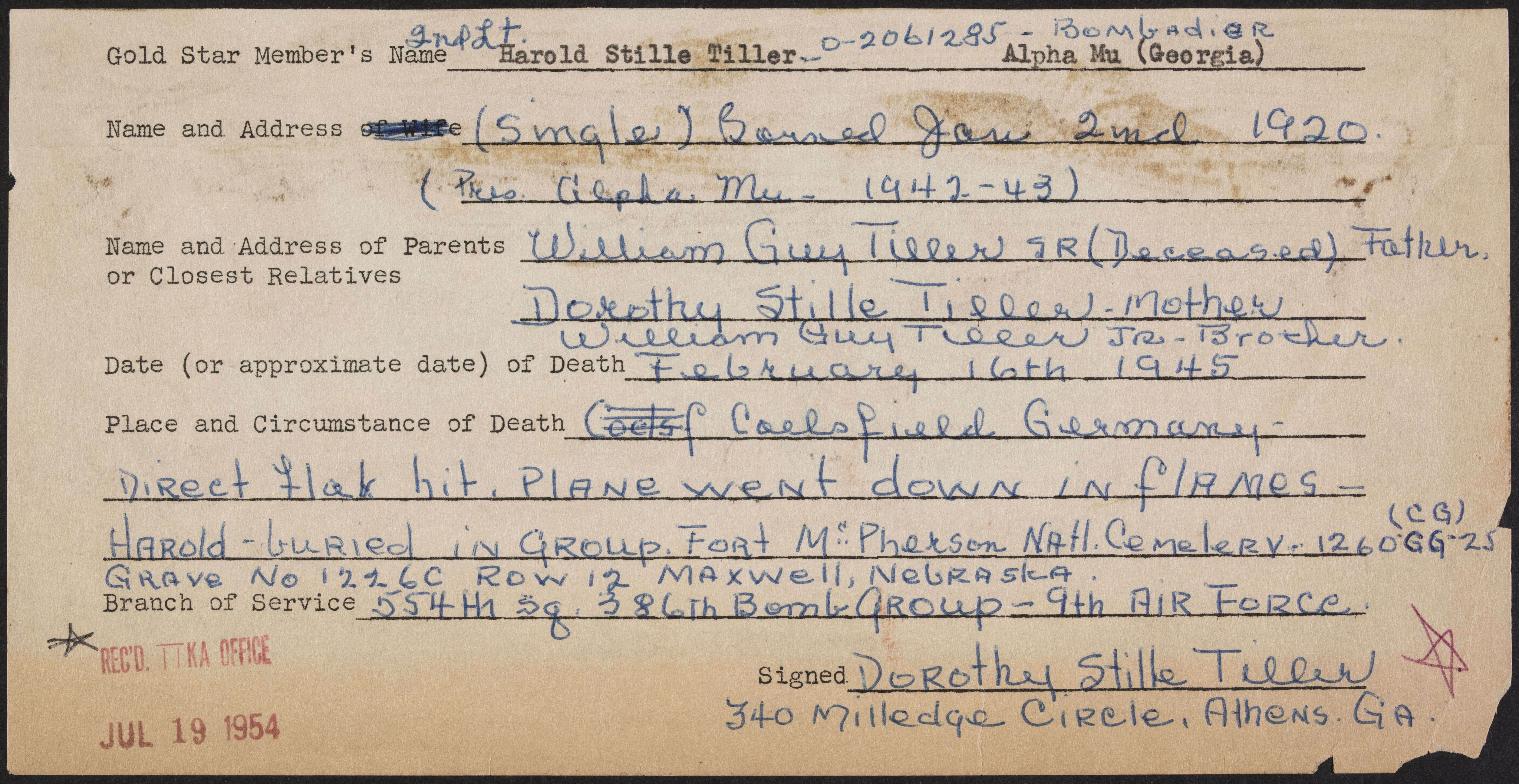 Harold Stille Tiller War Record Form, July 19, 1954