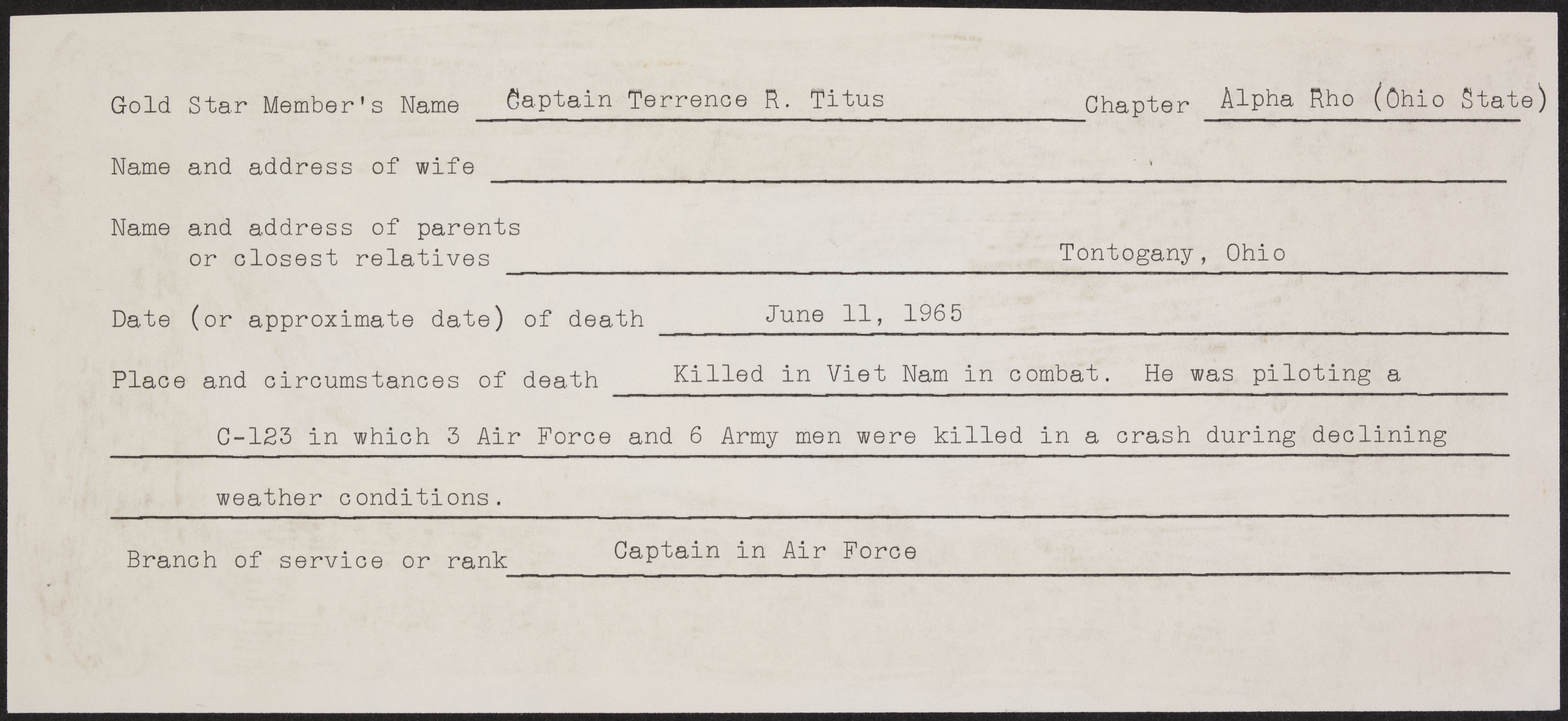 Terrence R. Titus War Record Form