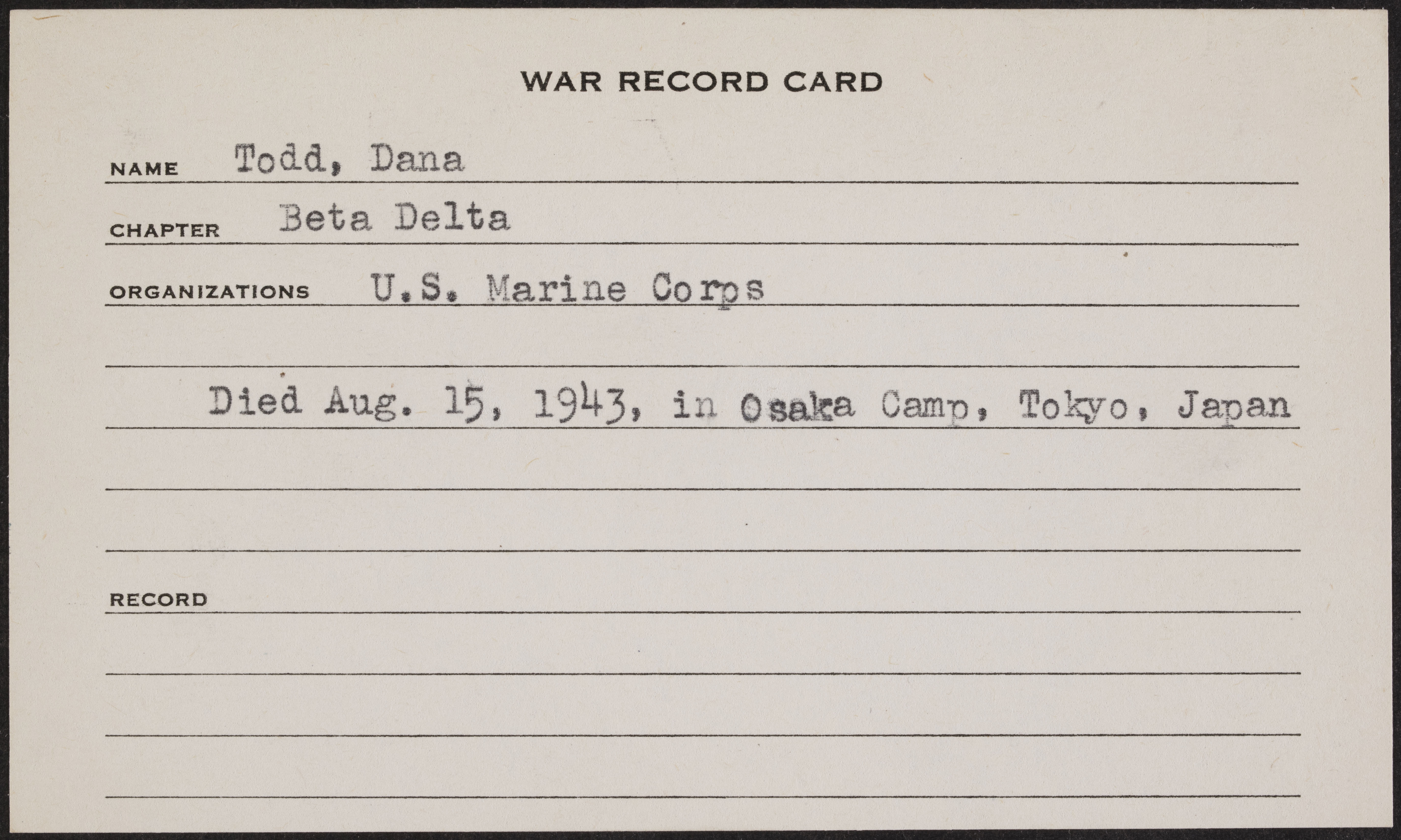 Dana Paul Todd War Record Card