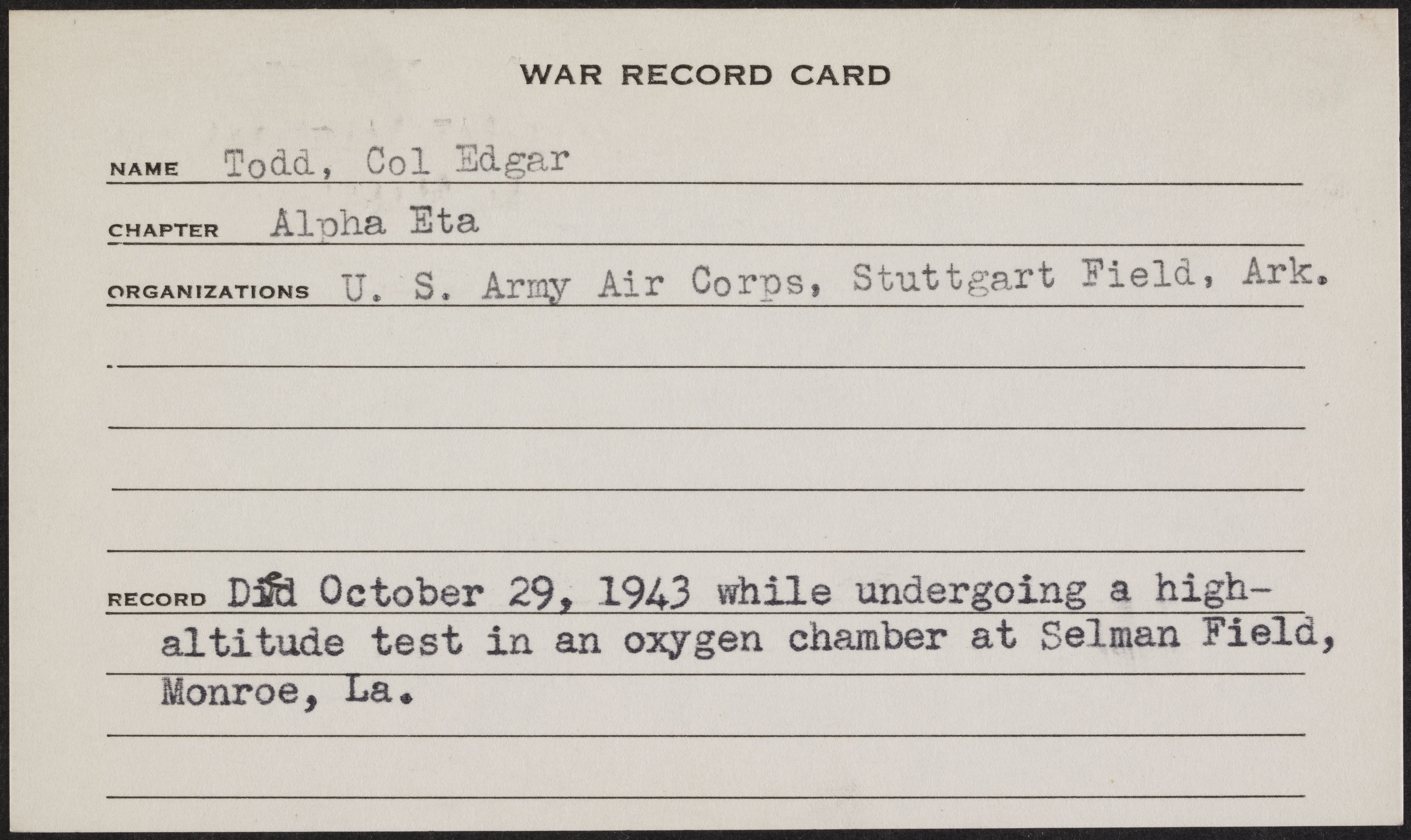 Edgar Russell Todd War Record Card