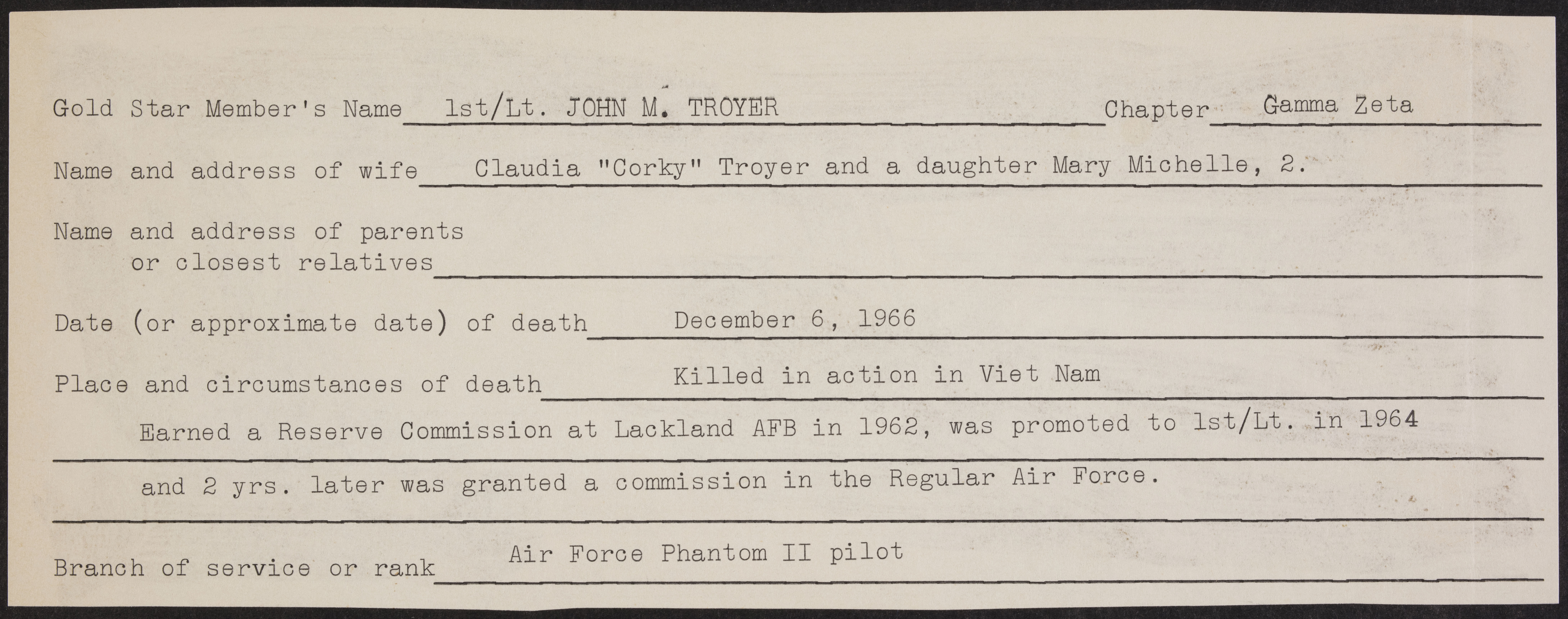 John M. Troyer War Record Form