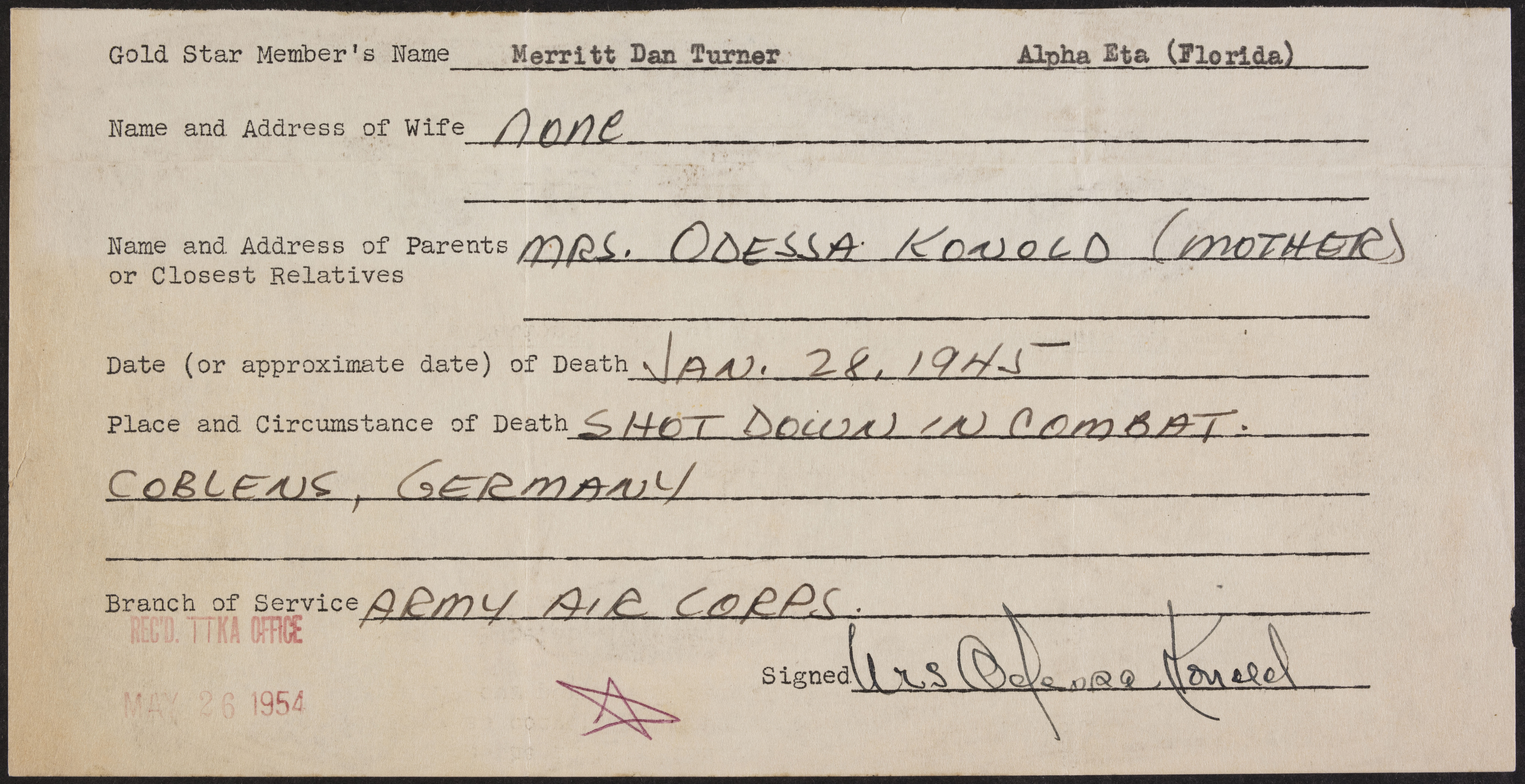 Merritt Dan Turner War Record Form, May 26, 1954