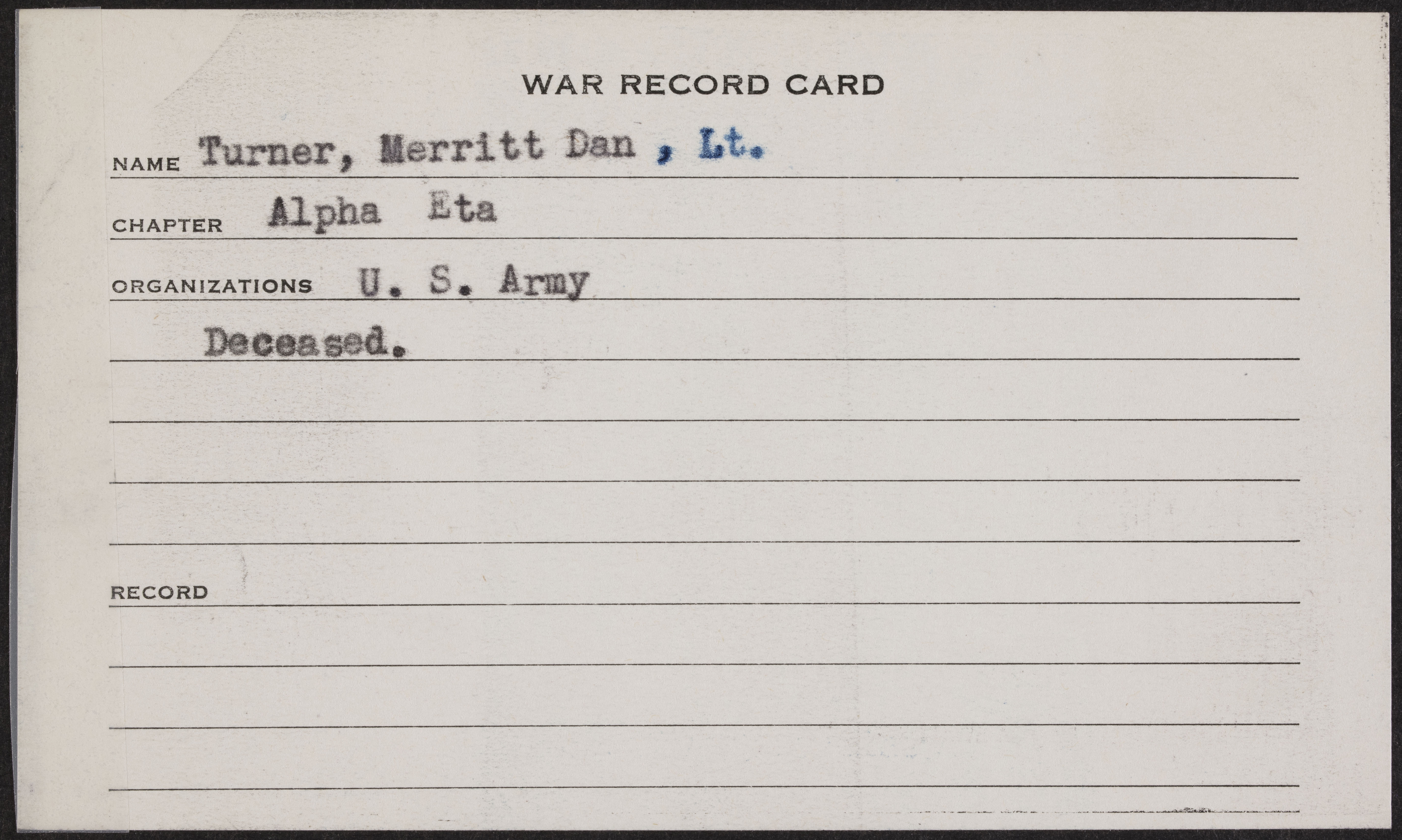 Merritt Dan Turner War Record Card