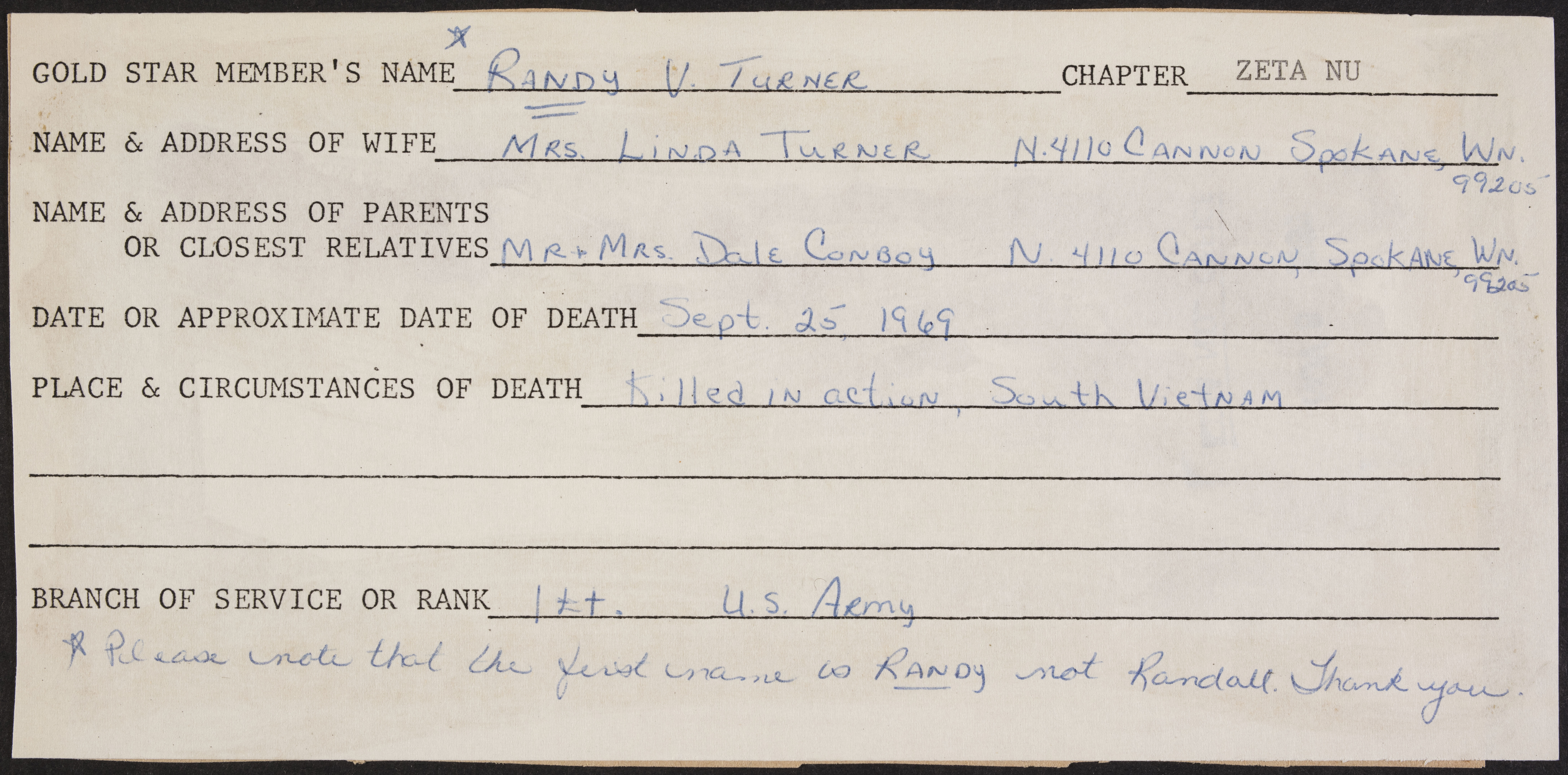 Randy Van Turner War Record Form