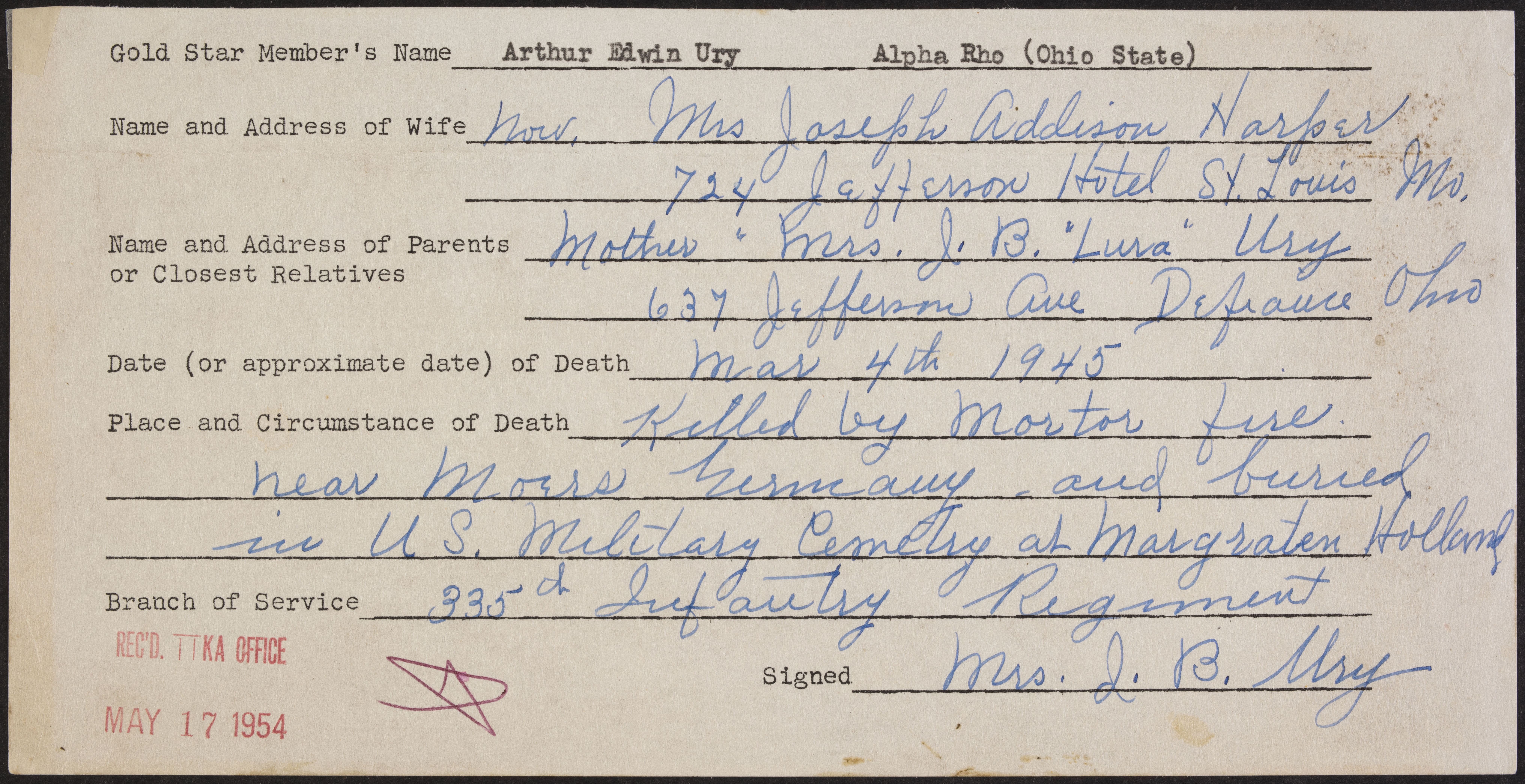 Arthur Edwin Ury War Record Form, May 17, 1954