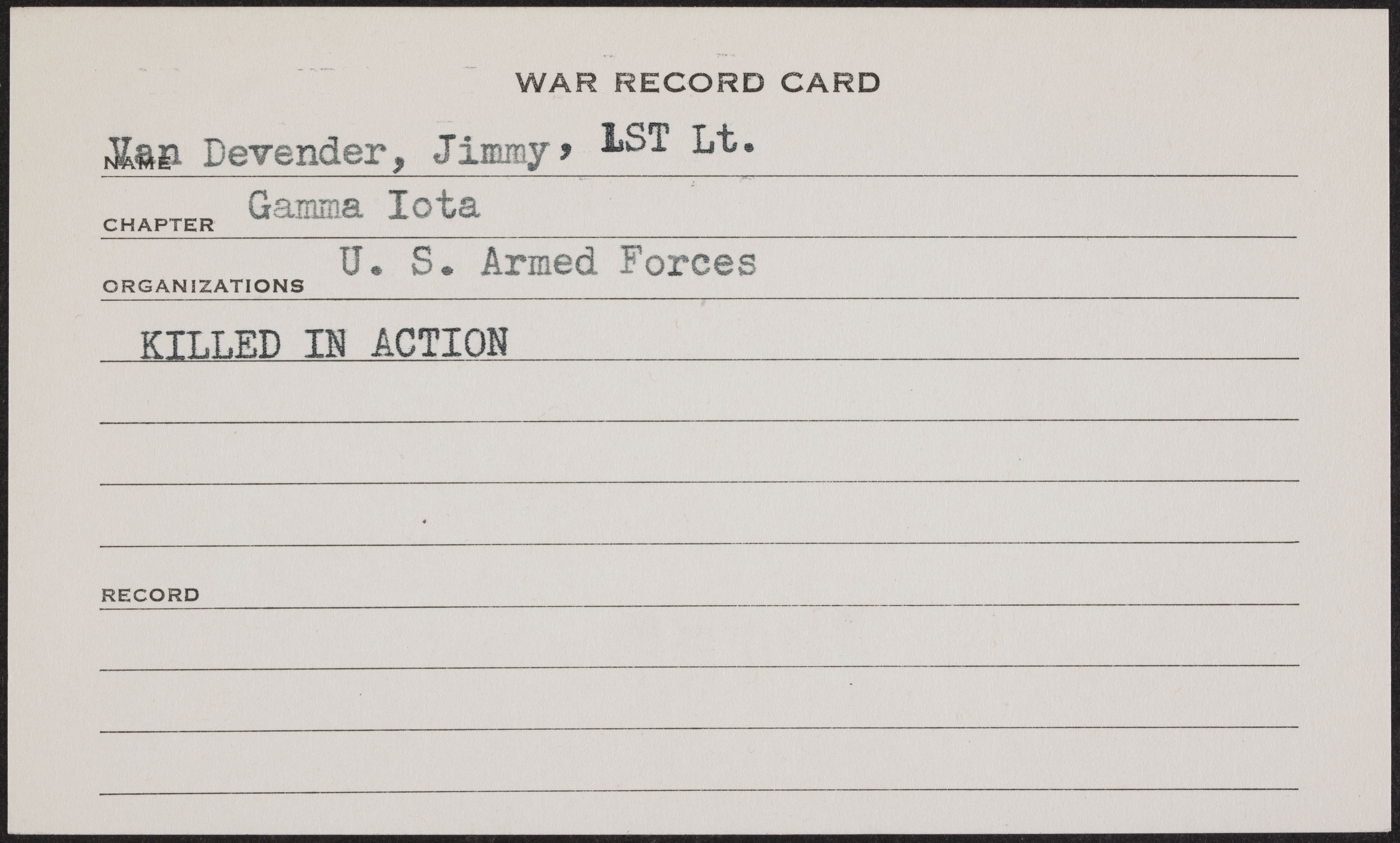 James Gordon Van Devender War Record Card