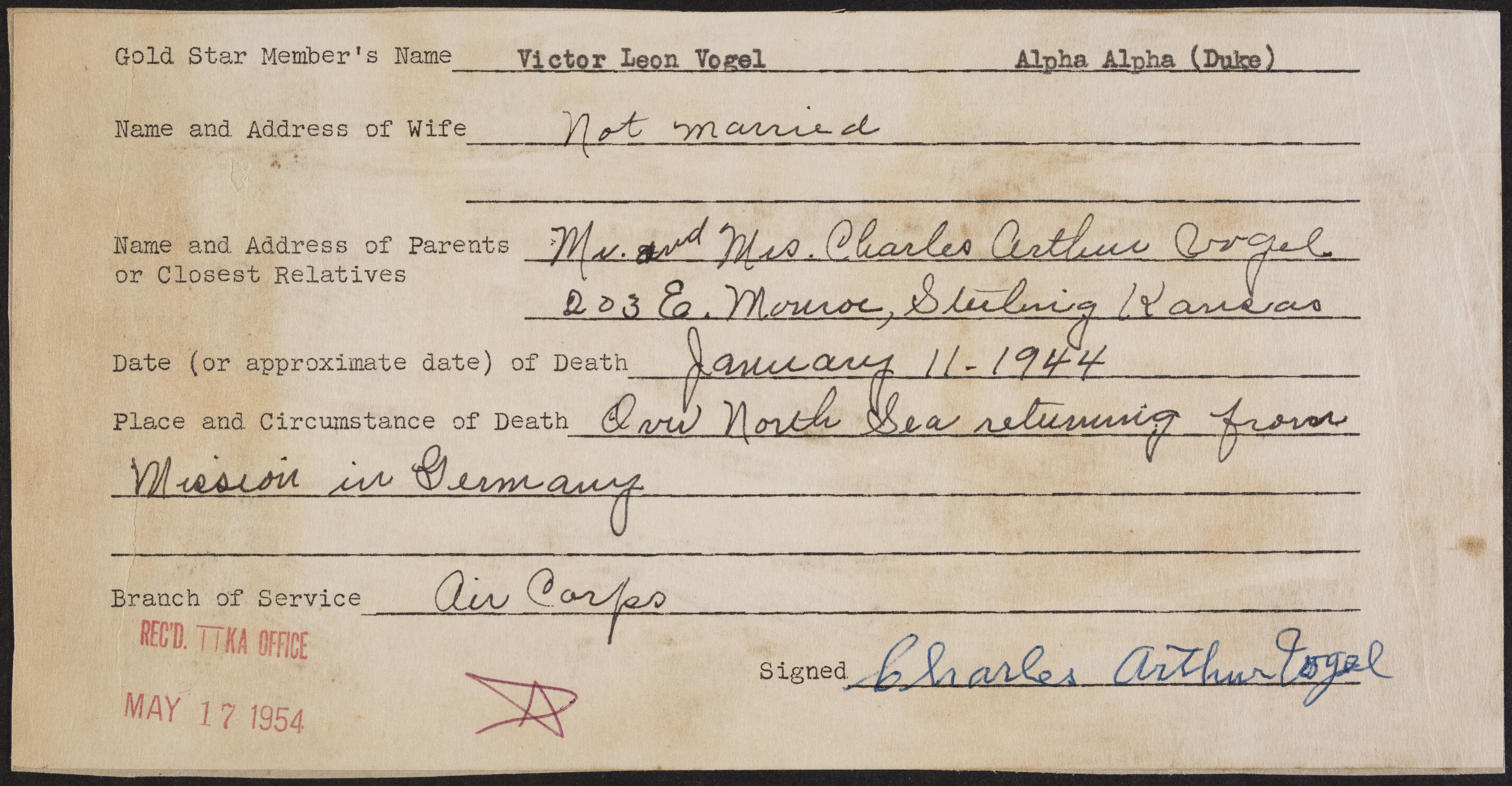 Victor Leon Vogel War Record Form, May 17, 1954