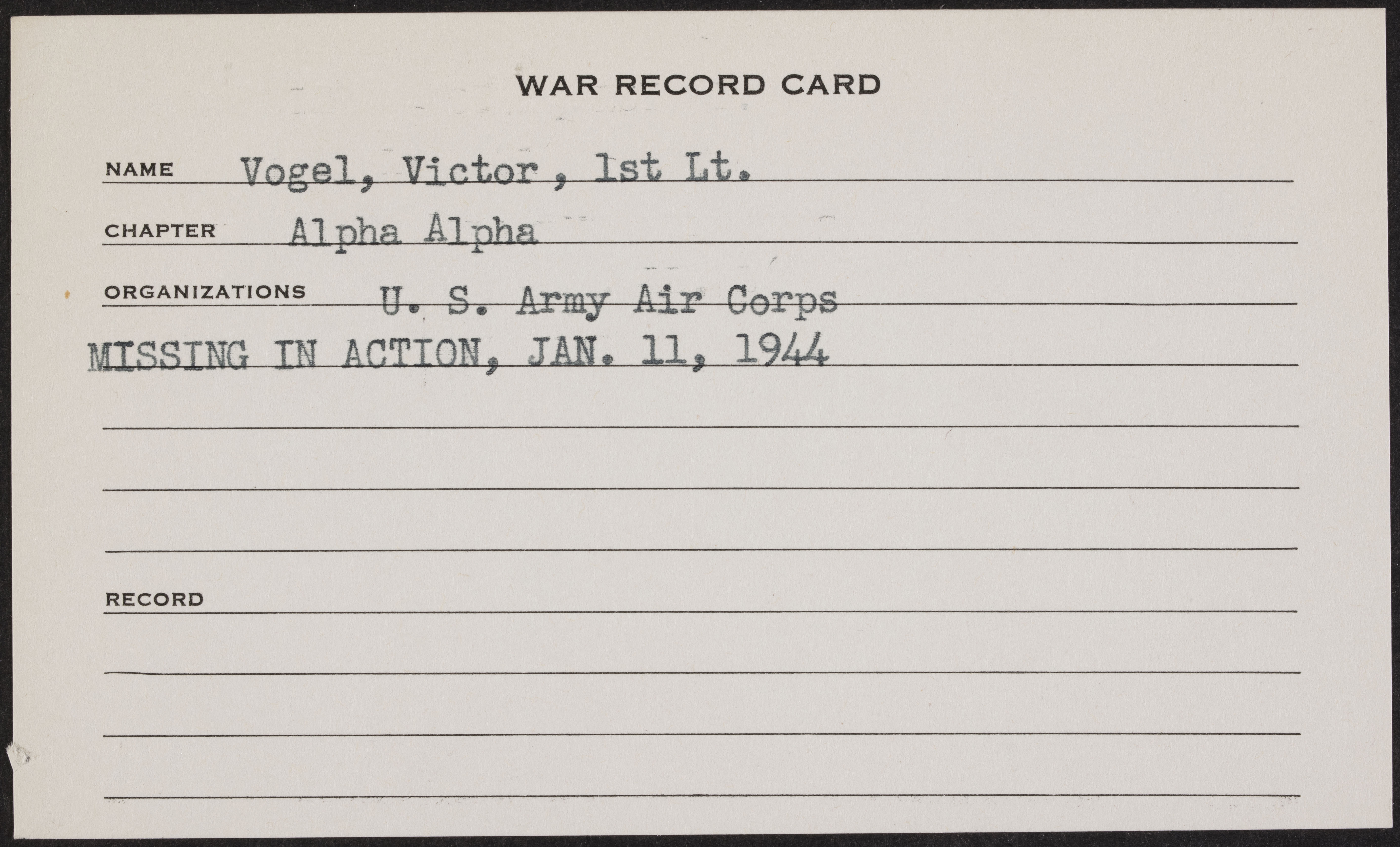 Victor Leon Vogel War Record Card
