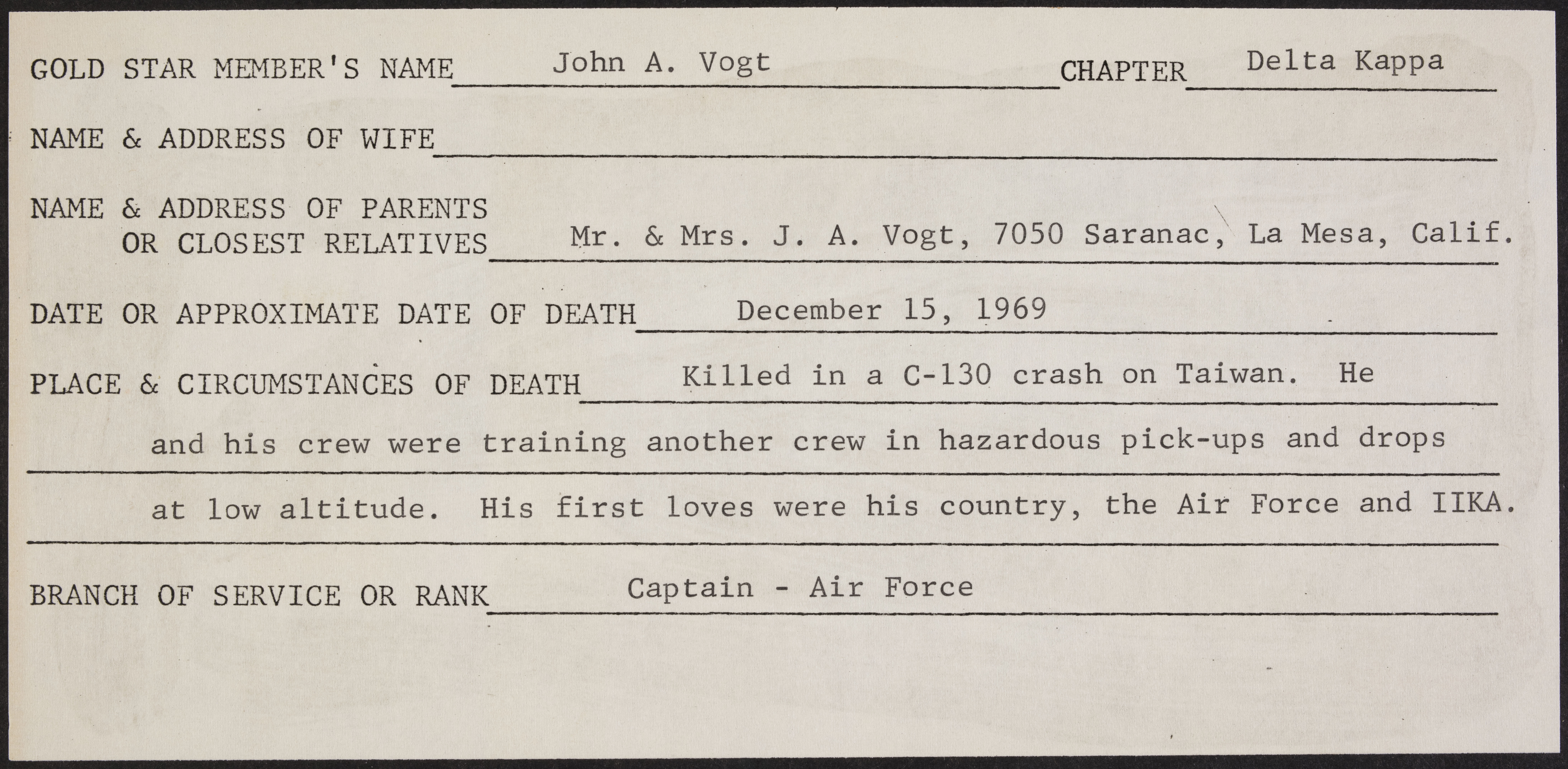 John Albert Vogt War Record Form