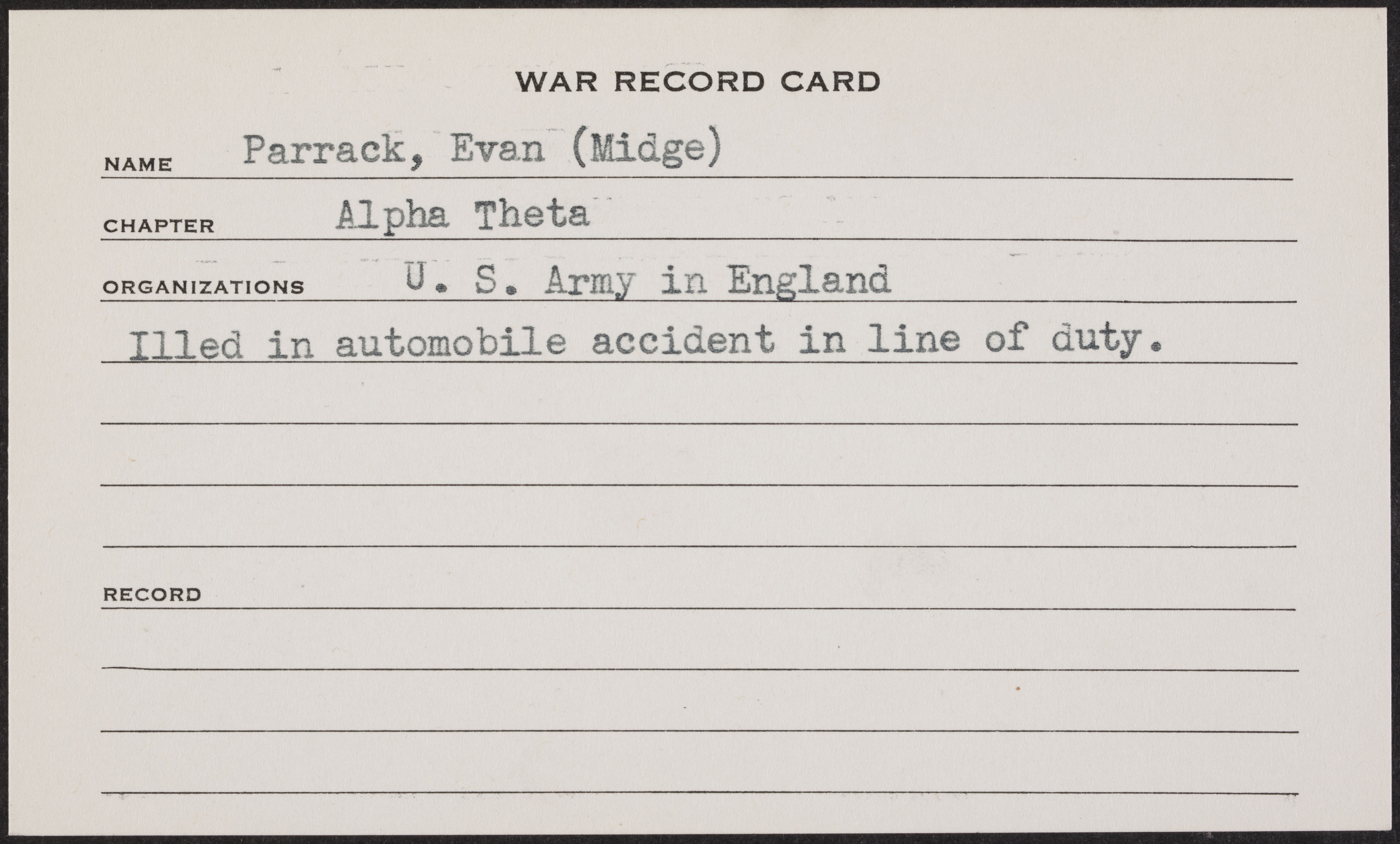 Francis Evan Parrack War Record Card