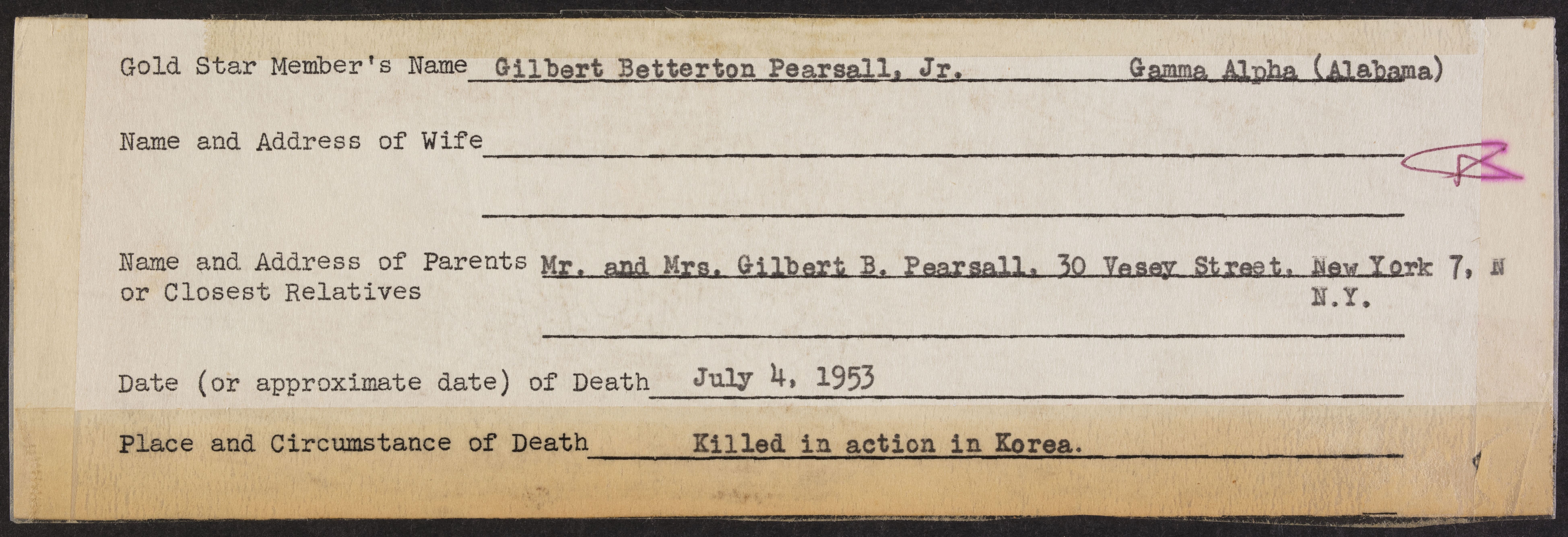 Gilbert Betterton Pearsall Jr. War Record Form