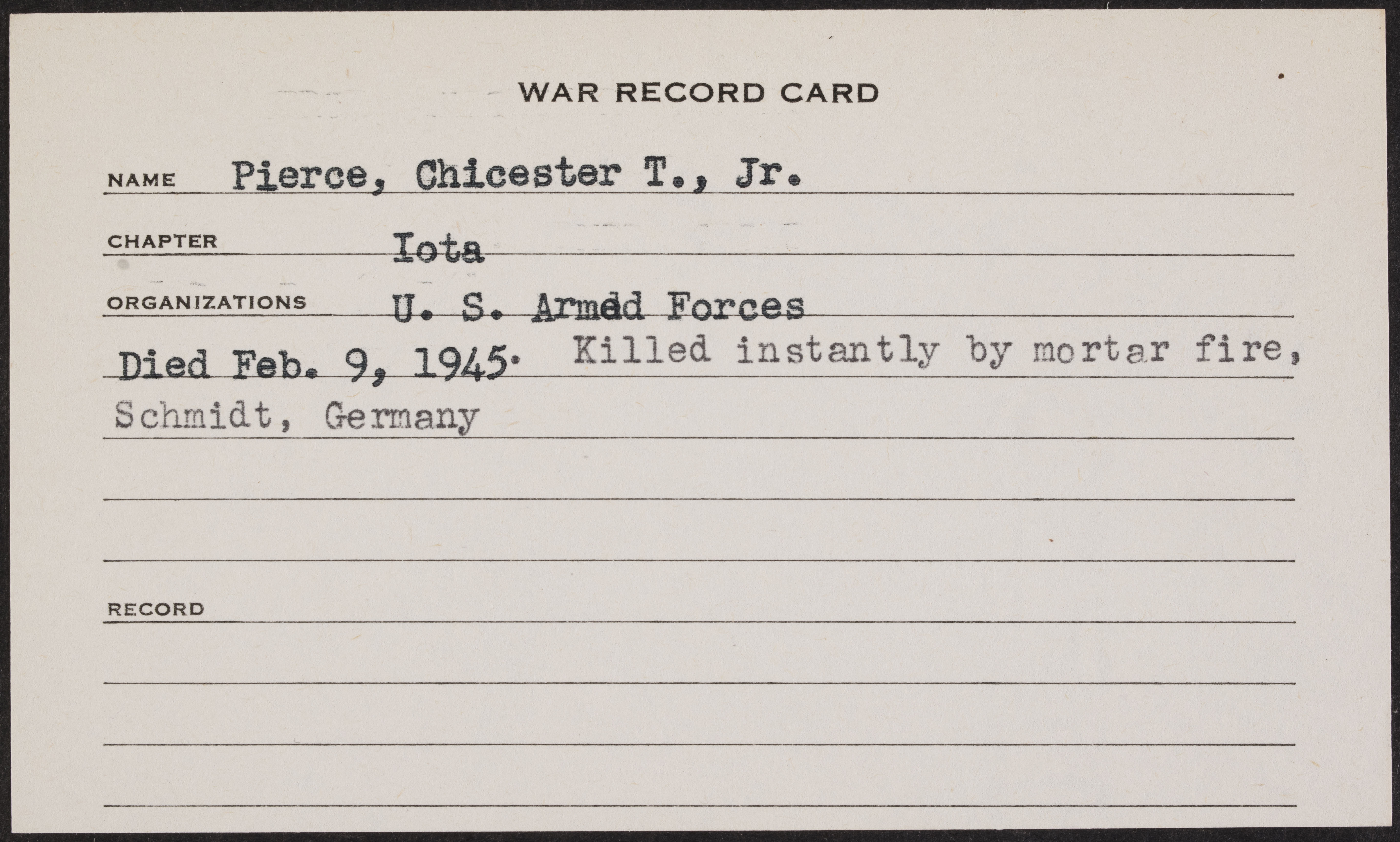 Chichester Tapscott Pierce War Record Card
