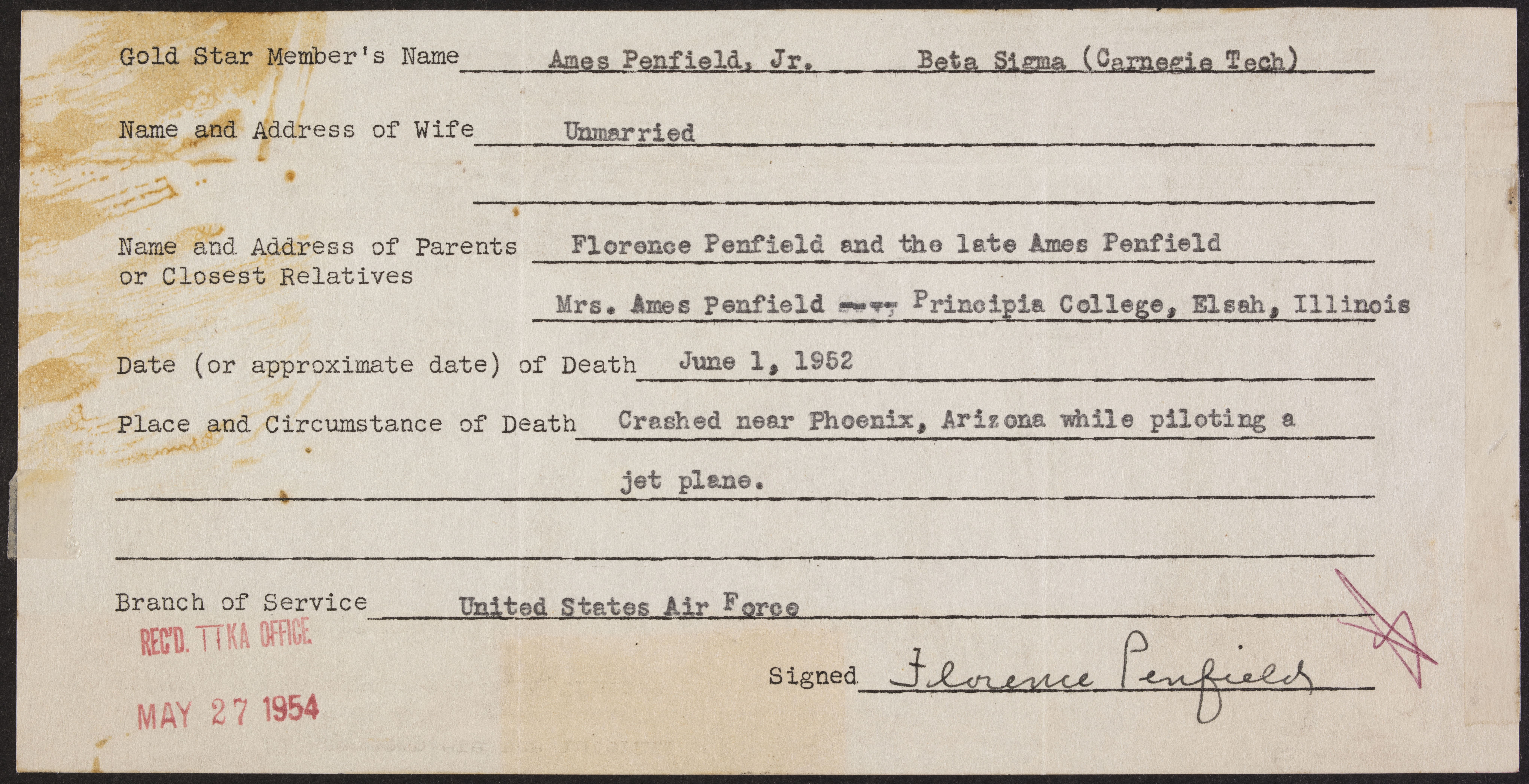 Ames Penfield Jr. War Record Form, May 27, 1954