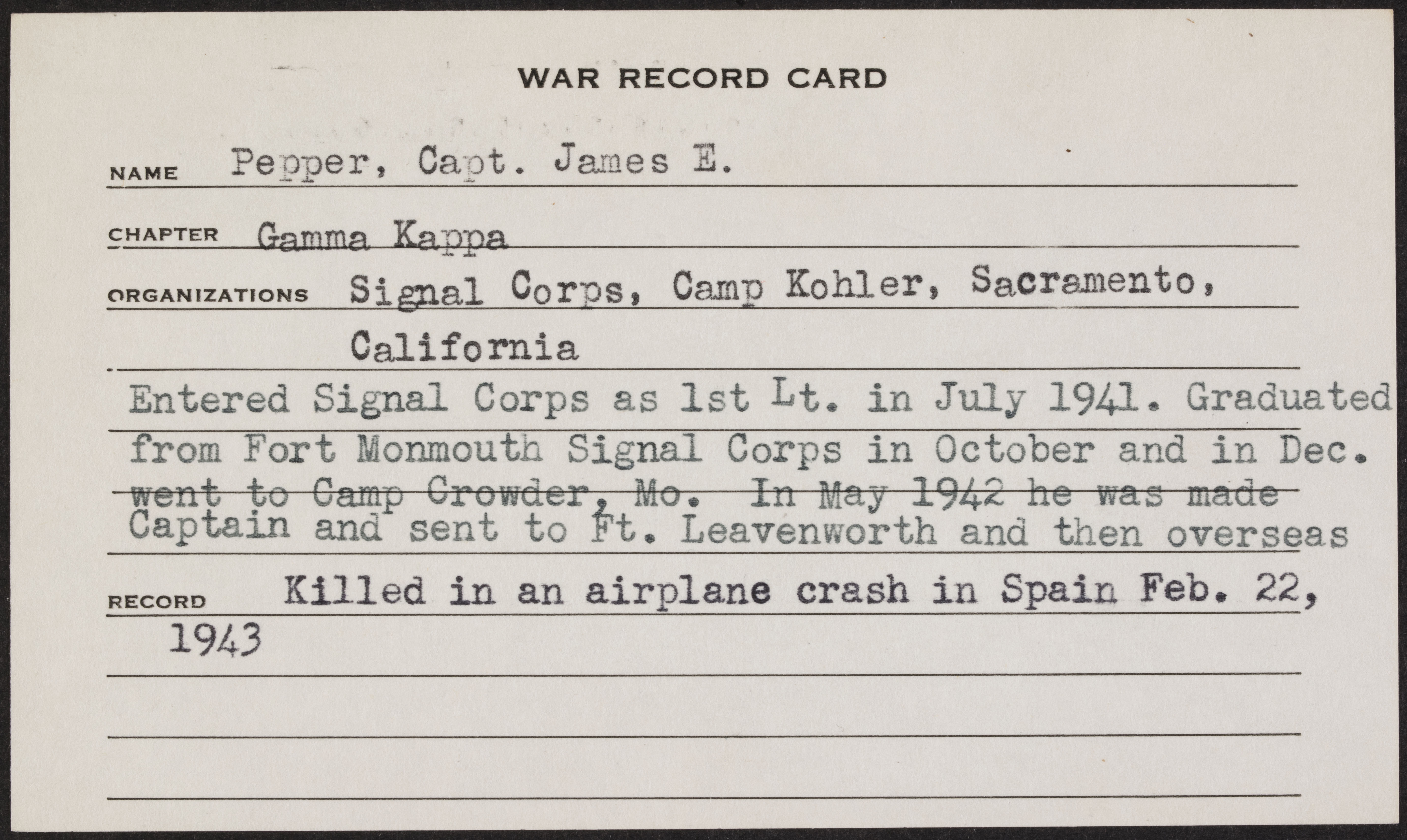 James Everett Pepper War Record Card